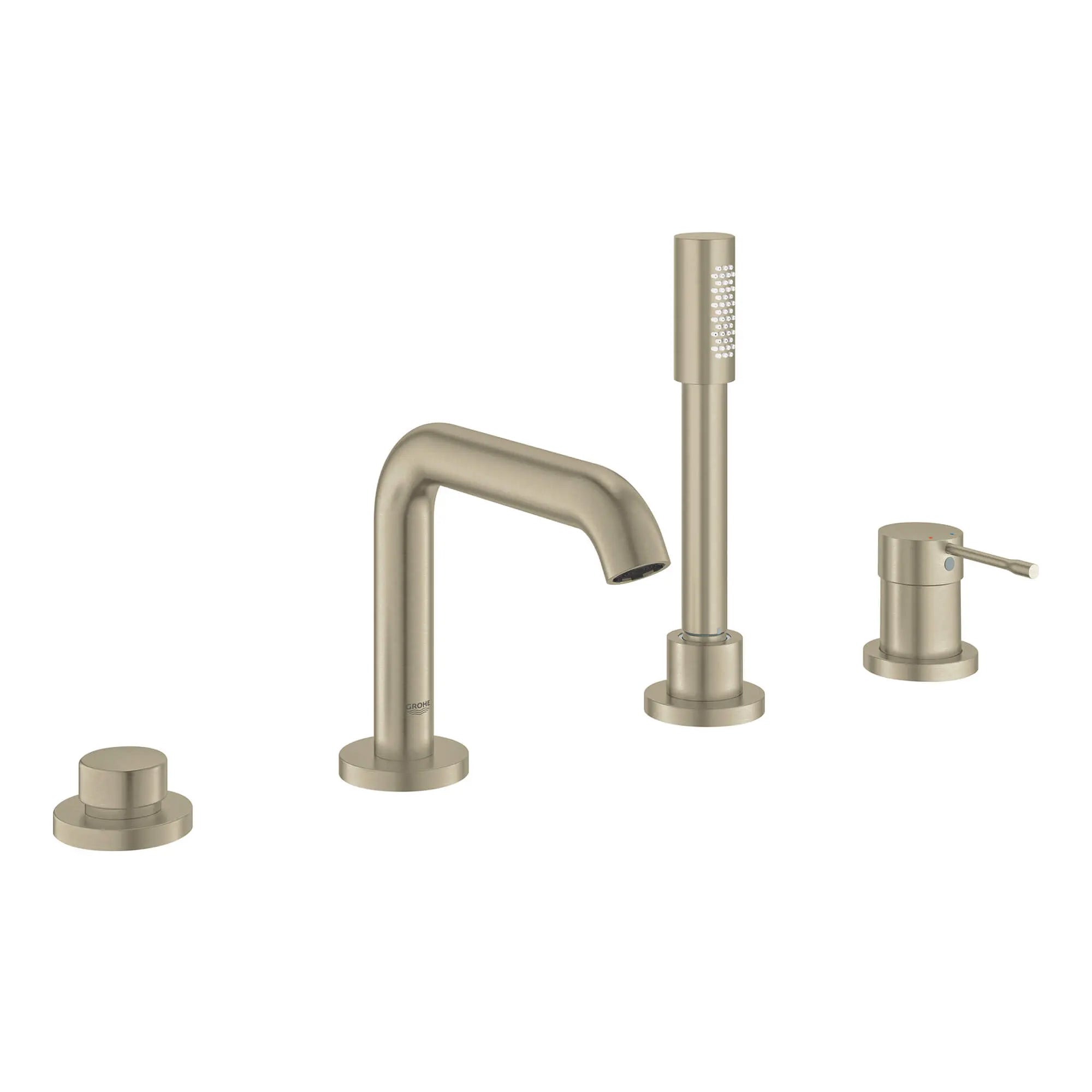 4-Hole Single-Handle Deck Mount Roman Tub Faucet with 2.0 GPM Hand Shower // BRUSHED NICKEL INFINITYFINISH // 12721_19578en1-essence-four-hole-bathtub-faucet-with-handshower-brushed-nickel-infinityfinish_0_CDNwebp.webp