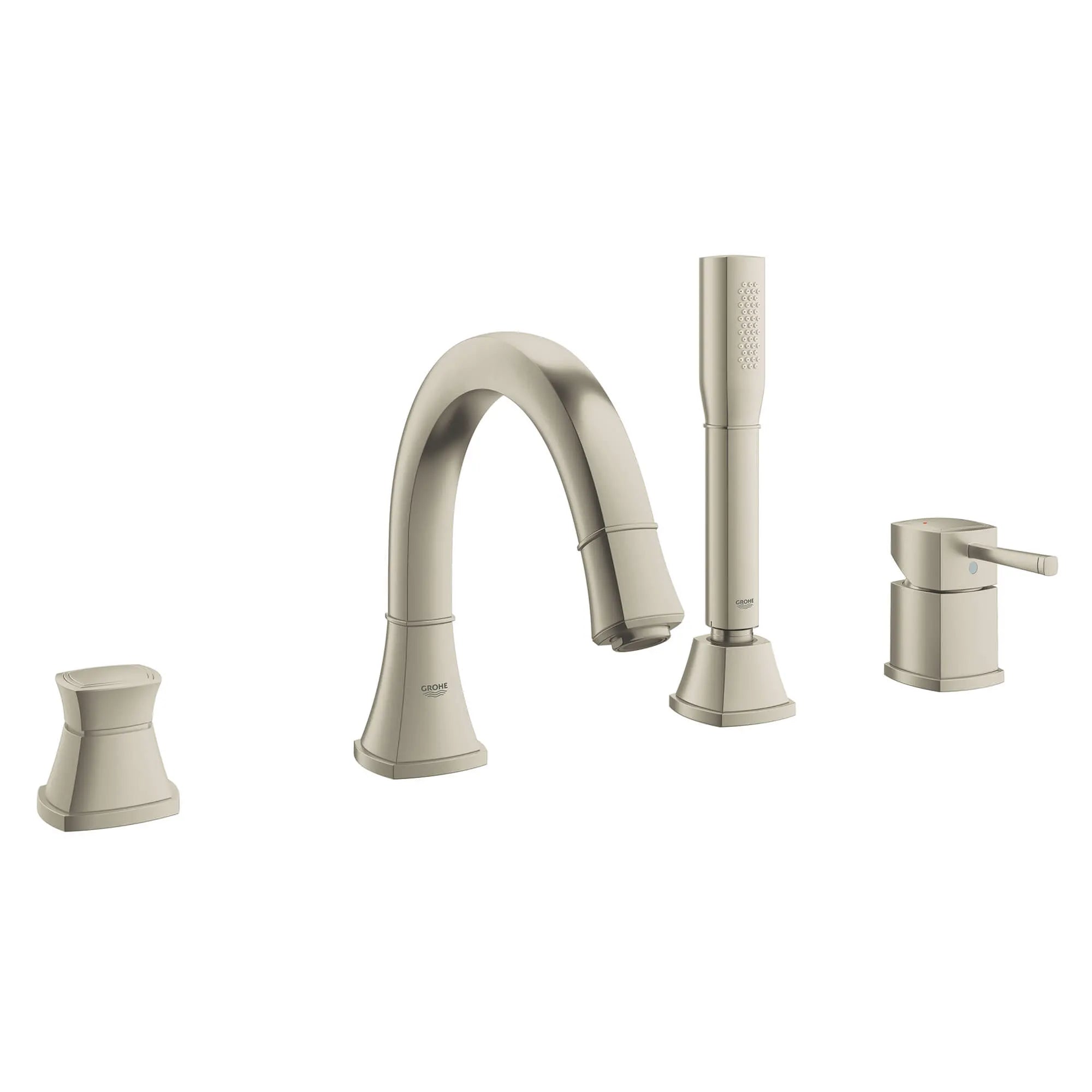 4-Hole Single-Handle Deck Mount Roman Tub Faucet with 2.0 GPM Hand Shower // BRUSHED NICKEL INFINITYFINISH // 12986_19936en0-grandera-four-hole-bathtub-faucet-with-handshower-brushed-nickel-infinityfinish_0_CDNwebp.webp
