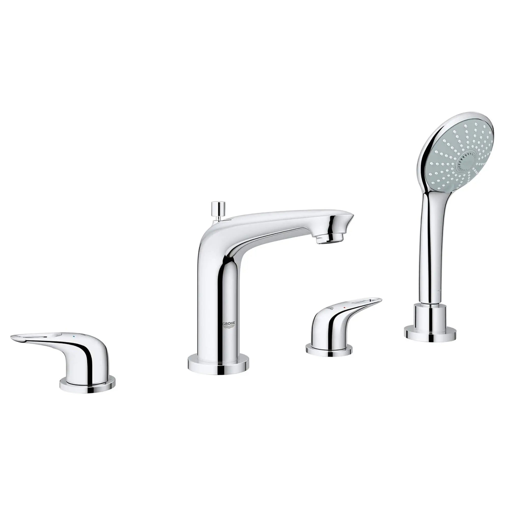 Eurostyle Roman Tub Filler With 2.5 GPM Personal Hand Shower // GROHE STARLIGHT CHROME // 13035_19991003-Eurostyle-Four-Hole_Roman_Bathtub_Faucet_with_Handshower_0_CDNwebp.webp
