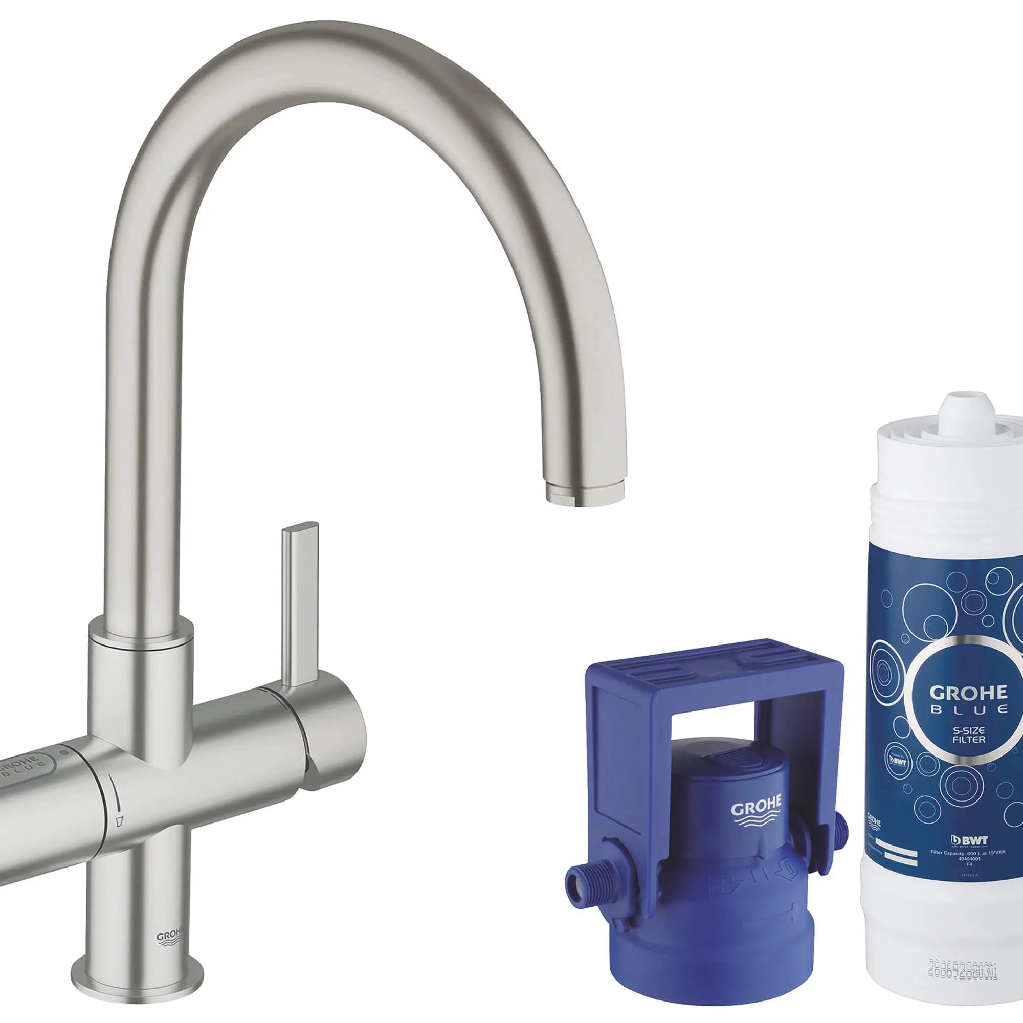 Single-Handle Kitchen Faucet 1.75 GPM with Filtered Water // SUPERSTEEL INFINITYFINISH // 15008_31312dc1-grohe-blue-pure-kitchen-faucet-starter-kit-supersteel-infinityfinish_0_CDNwebp.webp