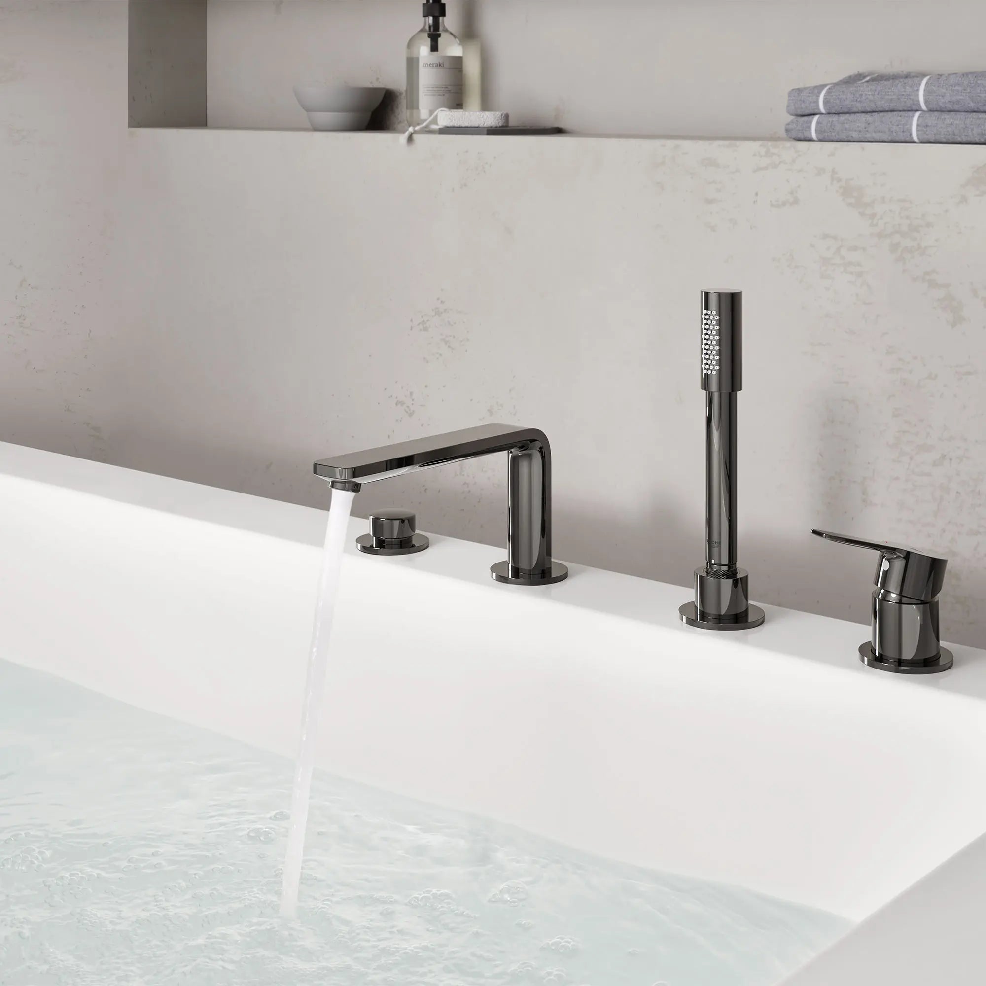 4-Hole Single-Handle Deck Mount Roman Tub Faucet with 1.75 GPM (6.6 L/min) Hand Shower // HARD GRAPHITE // 155678_Lineare_Environment_19577A01_0001_Jan2023_0_CDNwebp.webp