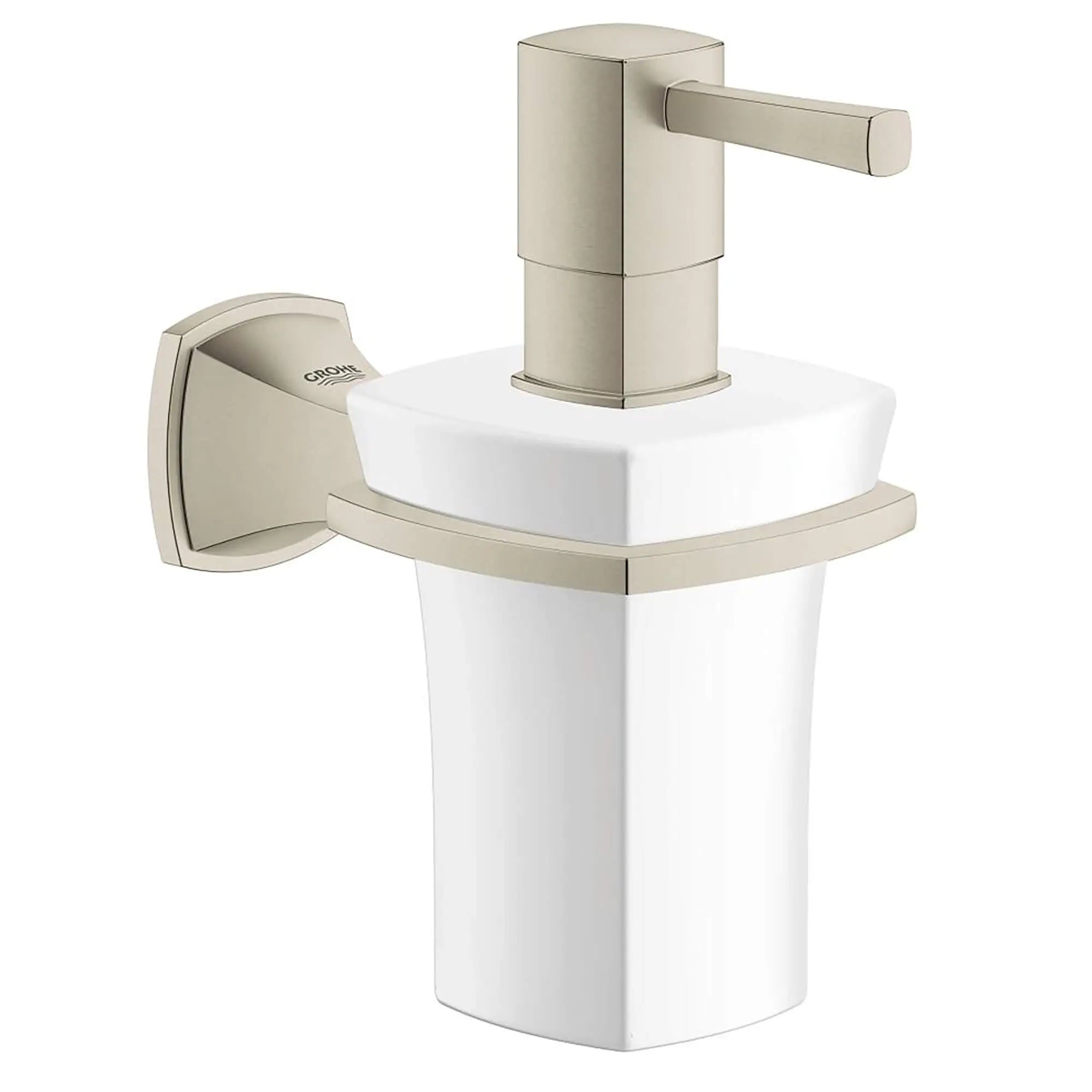 Ceramic Soap Dispenser with Holder // BRUSHED NICKEL INFINITYFINISH // 16043_40627EN0-Grandera-Holder_with_Ceramic_Soap_Dispenser_0_CDNwebp.webp