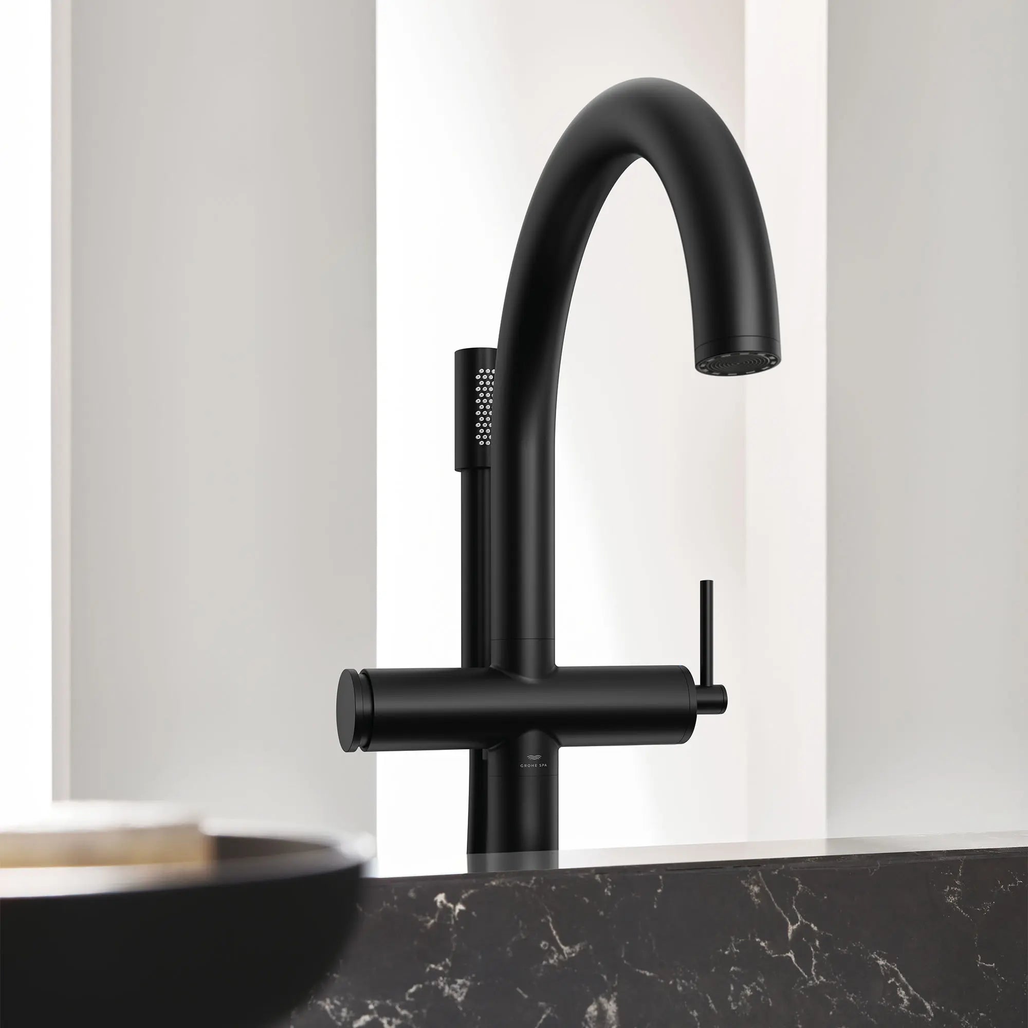 Atrio Single-Handle Freestanding Tub Faucet with 1.75 GPM (6.6 L/min) Hand Shower // MATTE BLACK // 161975_Atrio_EnvironmentCloseUp_243682430_0001_Jun2023_0_CDNwebp.webp