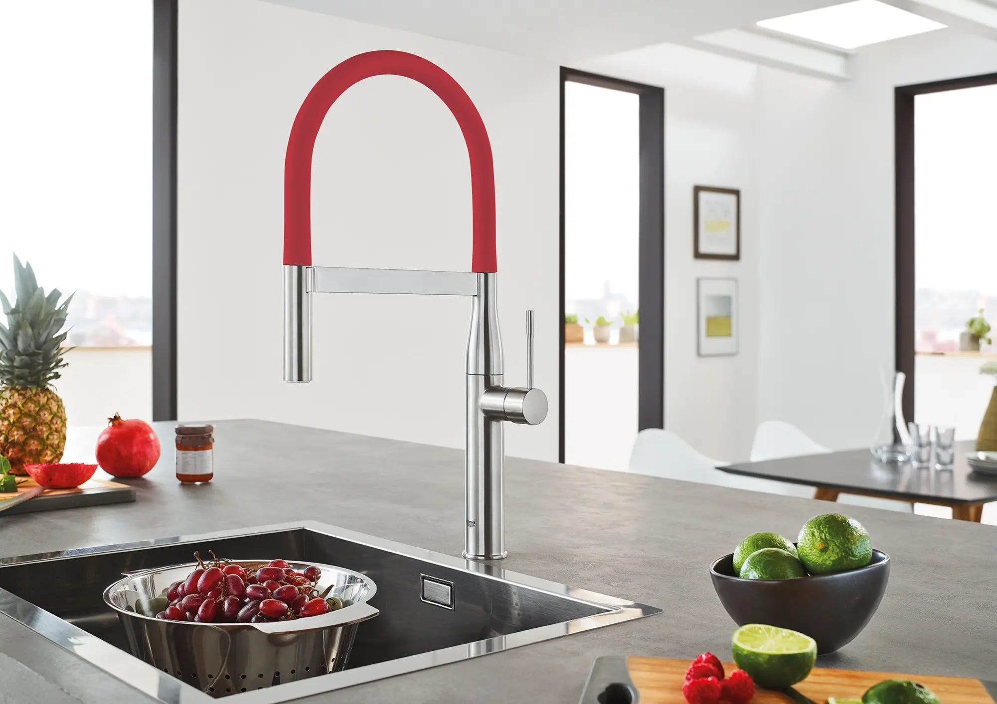 Essence Single-Handle Semi-Pro Dual Spray Kitchen Faucet 1.75 GPM (6.6 L/min) // SUPERSTEEL INFINITYFINISH // 163530_B-30295DC0_Red_0_CDNwebp.webp