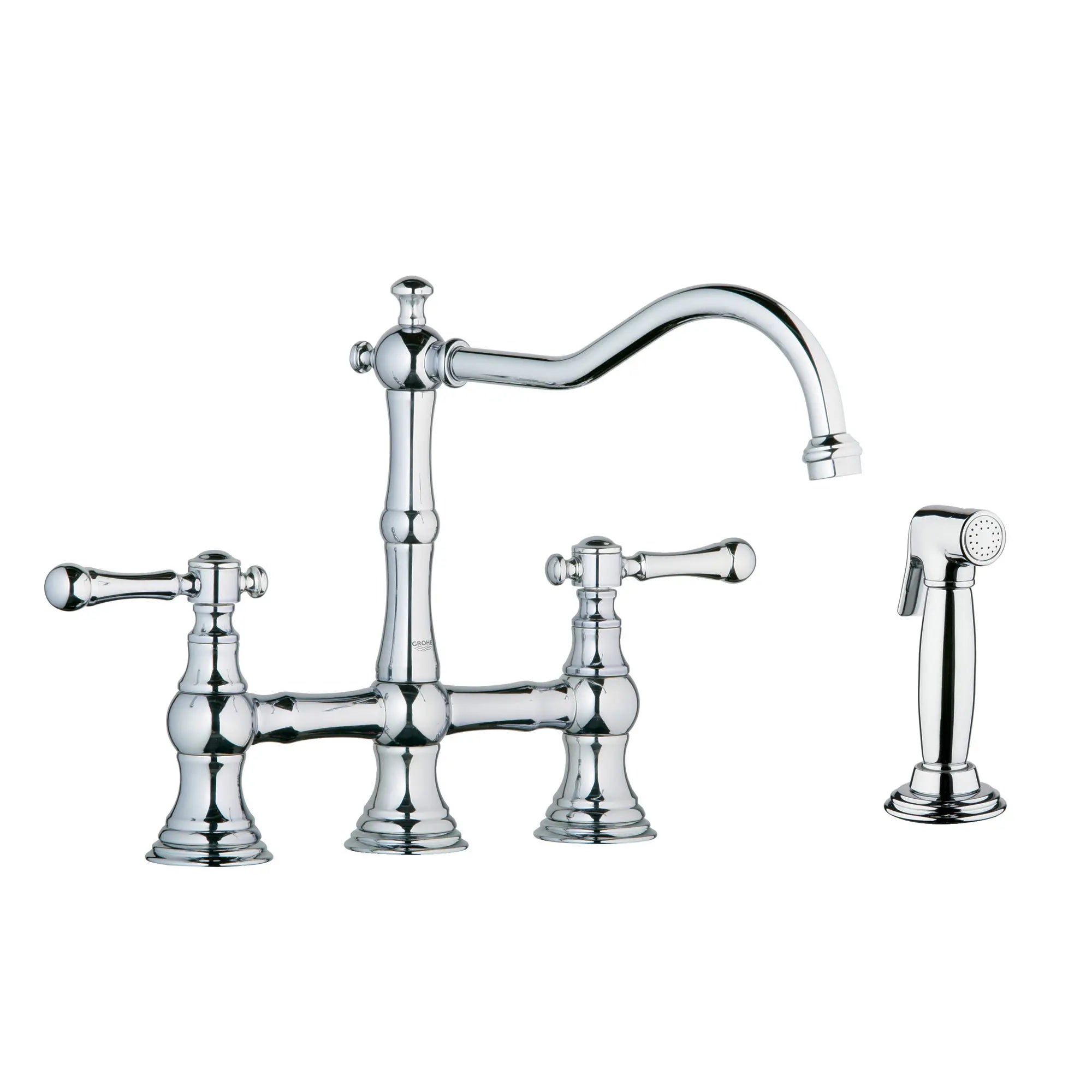 2-Handle Kitchen Faucet 2.2 GPM with Side Spray // GROHE STARLIGHT CHROME // 163611_20158000-Bridgeford-12-in-2-Handle-Kitchen-Faucet-With-Side-Spray-in-Chrome-Silo-1_0_CDNwebp.webp
