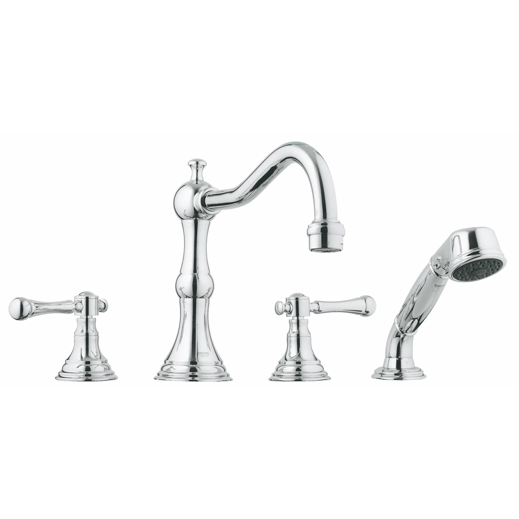 4-Hole 2-Handle Deck Mount Roman Tub Faucet with 2.5 GPM Hand Shower // GROHE STARLIGHT CHROME // 163624_25080000-Bridgeford-Roman-Tub-Filler-With-Personal-Hand-Shower-in-Chrome-Silo-1_0_CDNwebp.webp
