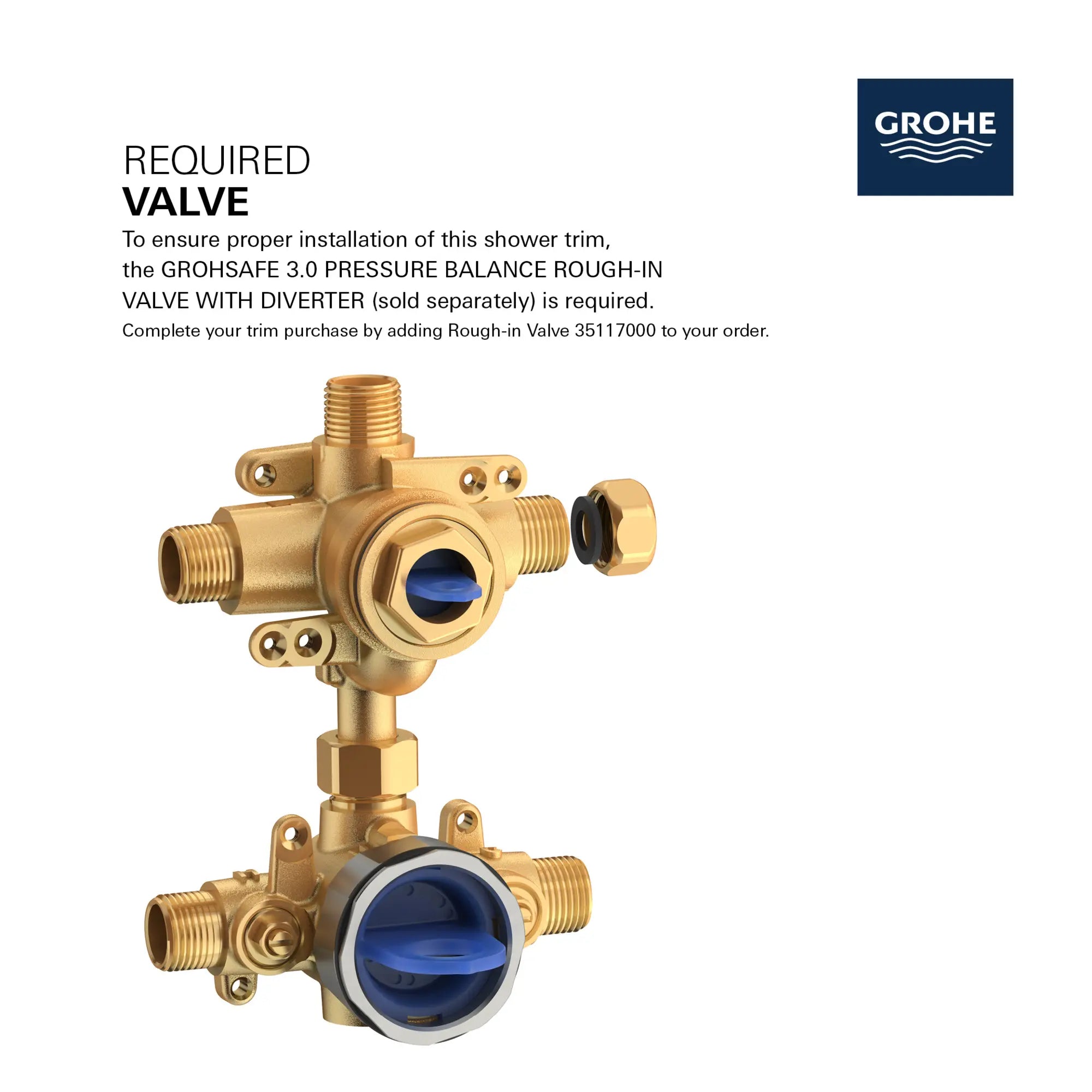 TIMELESS PRESSURE BALANCE VALVE TRIM WITH 2-WAY DIVERTER WITH CARTRIDGE // GROHE STARLIGHT CHROME // 163991_GROHE_GrohSafe_3.0_2WayTrim_Valve_Timeless_29423000_Info_2_0_CDNwebp.webp