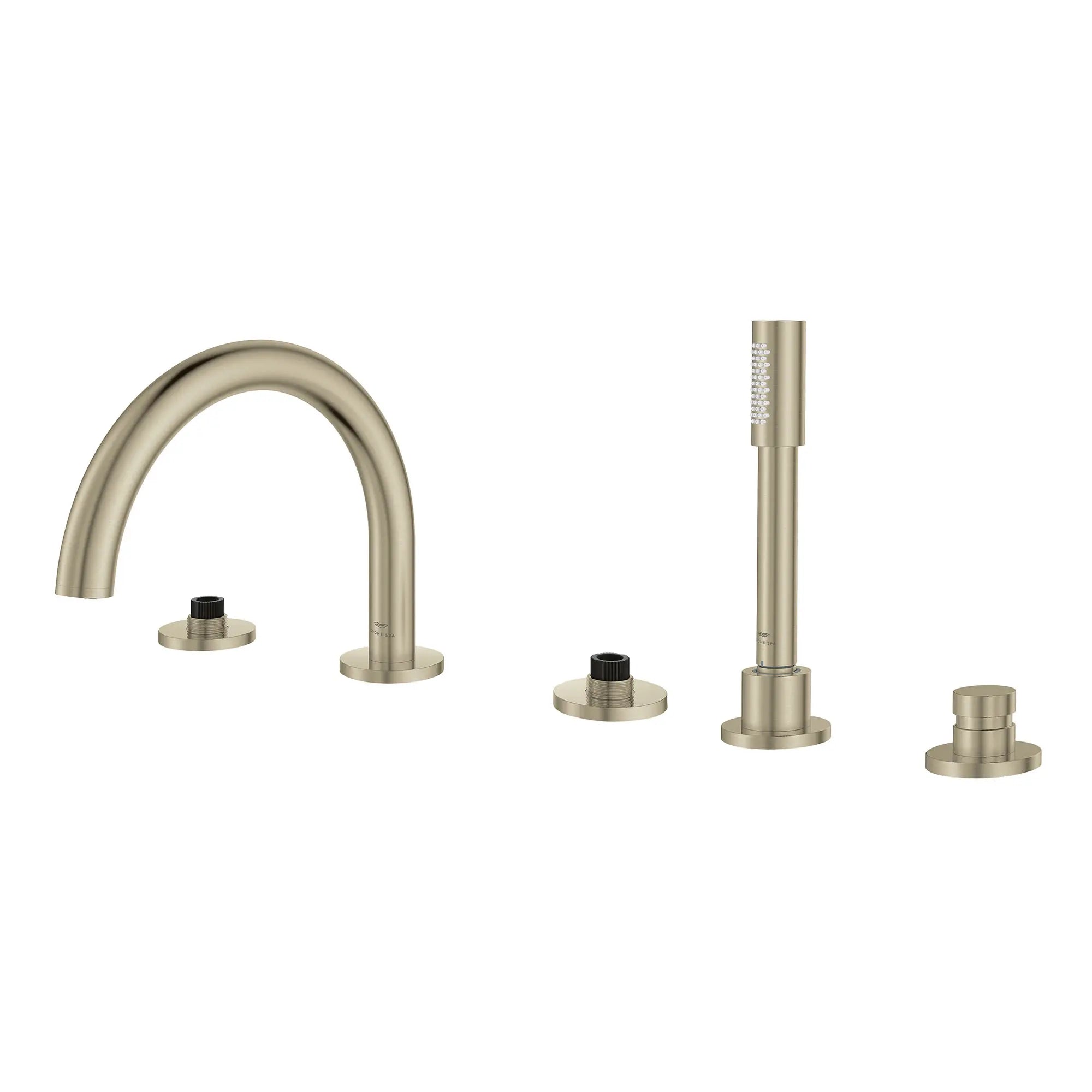Atrio 5-Hole 2-Handle Deck Mount Roman Tub Faucet without Handles with 1.75 GPM Hand Shower // BRUSHED NICKEL INFINITYFINISH // 164449_Atrio_SiloLeft_25274EN0_001_Feb2023_0_CDNwebp.webp