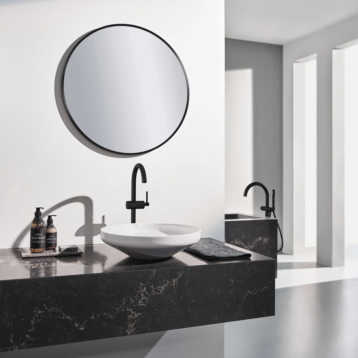Atrio Single Hole Single-Handle L-Size Bathroom Faucet, 1.2 GPM (4.5 L/min) // MATTE BLACK // 164509_Atrio_EnvironmentFull_243502430_243682430_0001_Jun2023_0_CDNwebp_125cd768-ca96-4ad6-aa0c-ab25476ce22c.webp