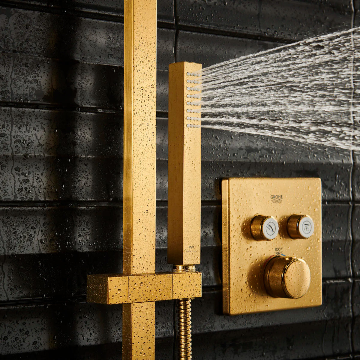 Euphoria Cube+ Stick Hand Shower - 1 Spray, 1.75 GPM (6.6 L/min) // BRUSHED COOL SUNRISE // 165882_RainshowerAqua_EnvironmentCloseUp_26867GN0_29141GN0_0001_Aug2023_0_CDNwebp_edb2e9ad-eefa-4d61-ab69-02e25caf67ad.webp