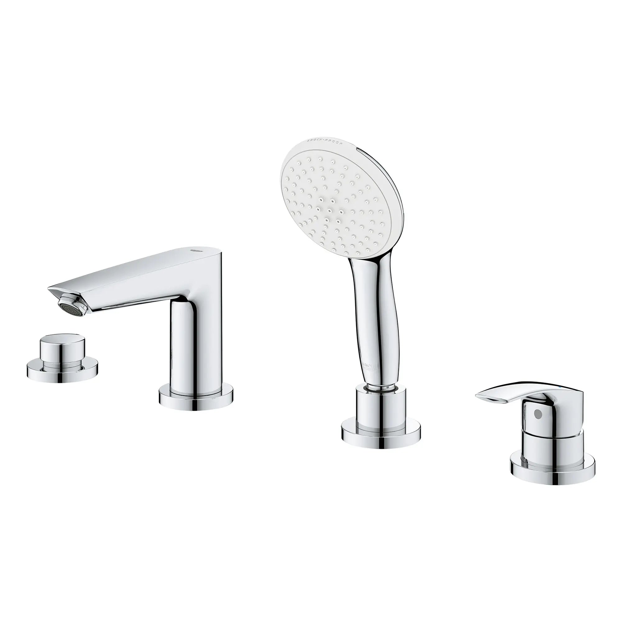 Eurosmart 4-Hole Single Handle Deck Mount Roman Tub Faucet with 1.5 gpm (5.7 L/min) Hand Shower // GROHE STARLIGHT CHROME // 166188_Eurosmart_SiloLeft_25277003_0001_Aug2023_0_CDNwebp.webp