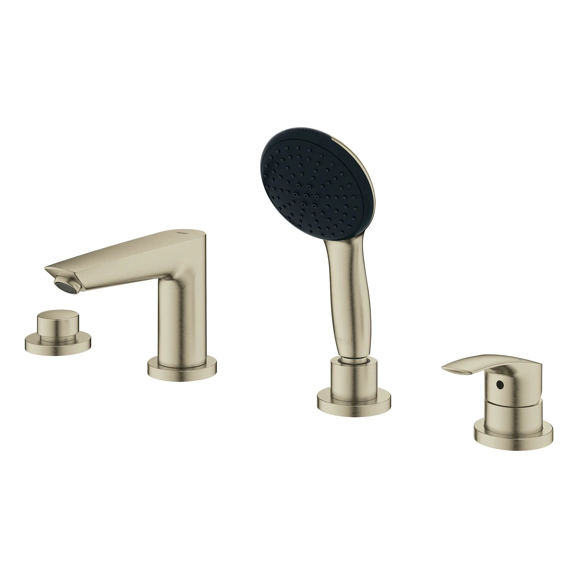 Eurosmart 4-Hole Single Handle Deck Mount Roman Tub Faucet with 1.5 gpm (5.7 L/min) Hand Shower // BRUSHED NICKEL INFINITYFINISH // 166191_Eurosmart_SiloLeft_25277EN3_0001_Aug2023_0_CDNwebp.webp