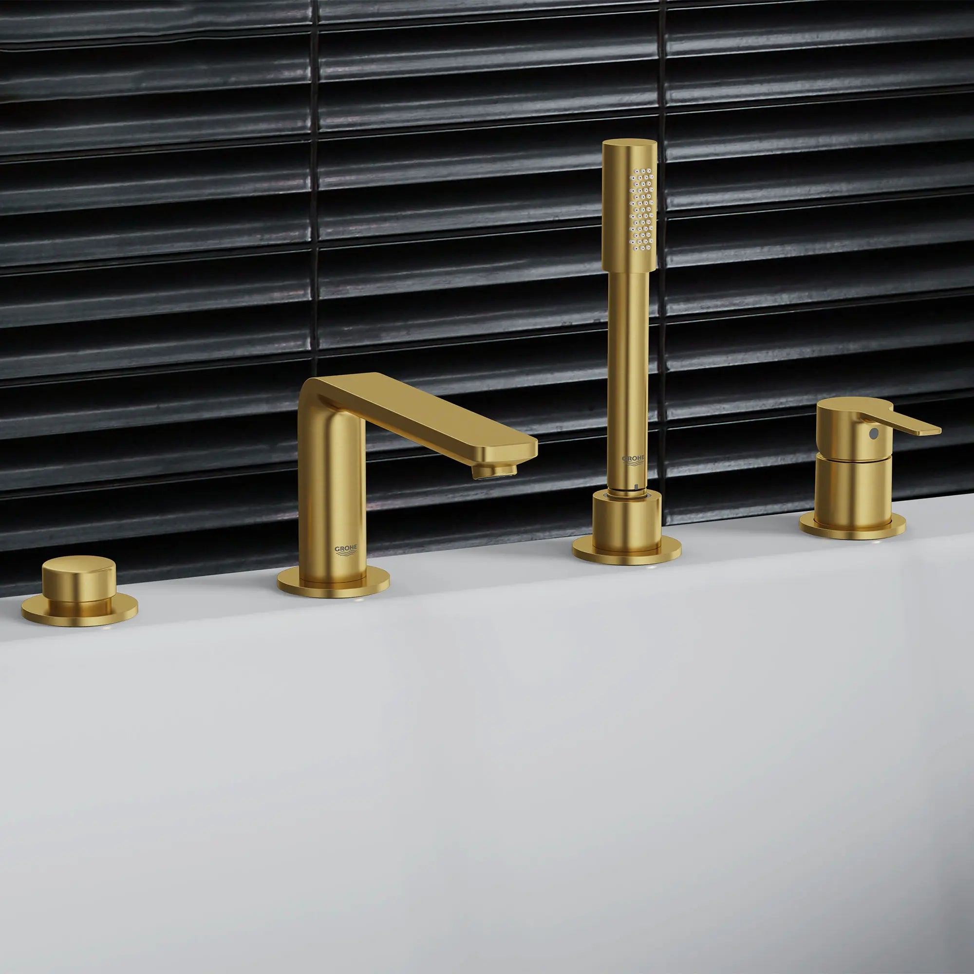 4-Hole Single-Handle Deck Mount Roman Tub Faucet with 1.75 GPM (6.6 L/min) Hand Shower // BRUSHED COOL SUNRISE // 176787_Lineare_EnvironmentCloseUp_19577GN1_0001_Aug2023_0_CDNwebp.webp