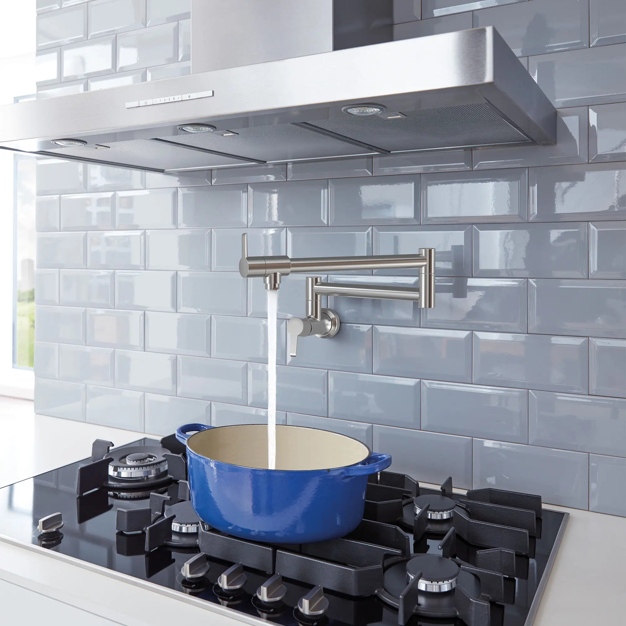 GROHE Zedra 2-Handle Wall Mount Pot Filler // SUPERSTEEL INFINITYFINISH // 185945_Zedra_EnvironmentCloseUp_31075DC2_0002_Sept2023_0_CDNwebp.webp