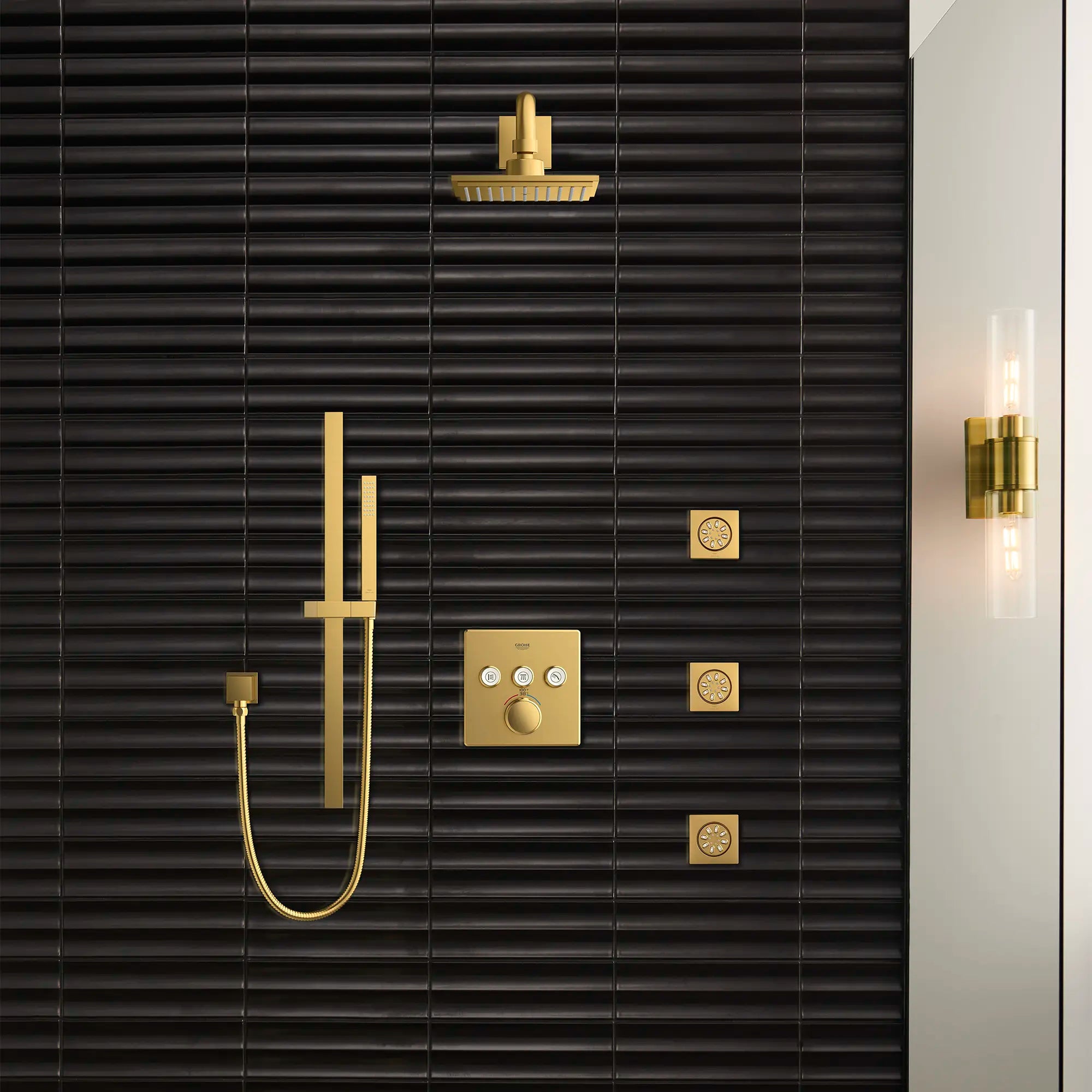 Triple Function Thermostatic Valve Trim // BRUSHED COOL SUNRISE // 186499_EuphoriaCube_EnvironmentCloseUp_26468GN0_26845GN0_27892GN0_29142GN0_0001_Sept2023_0_CDNwebp.webp