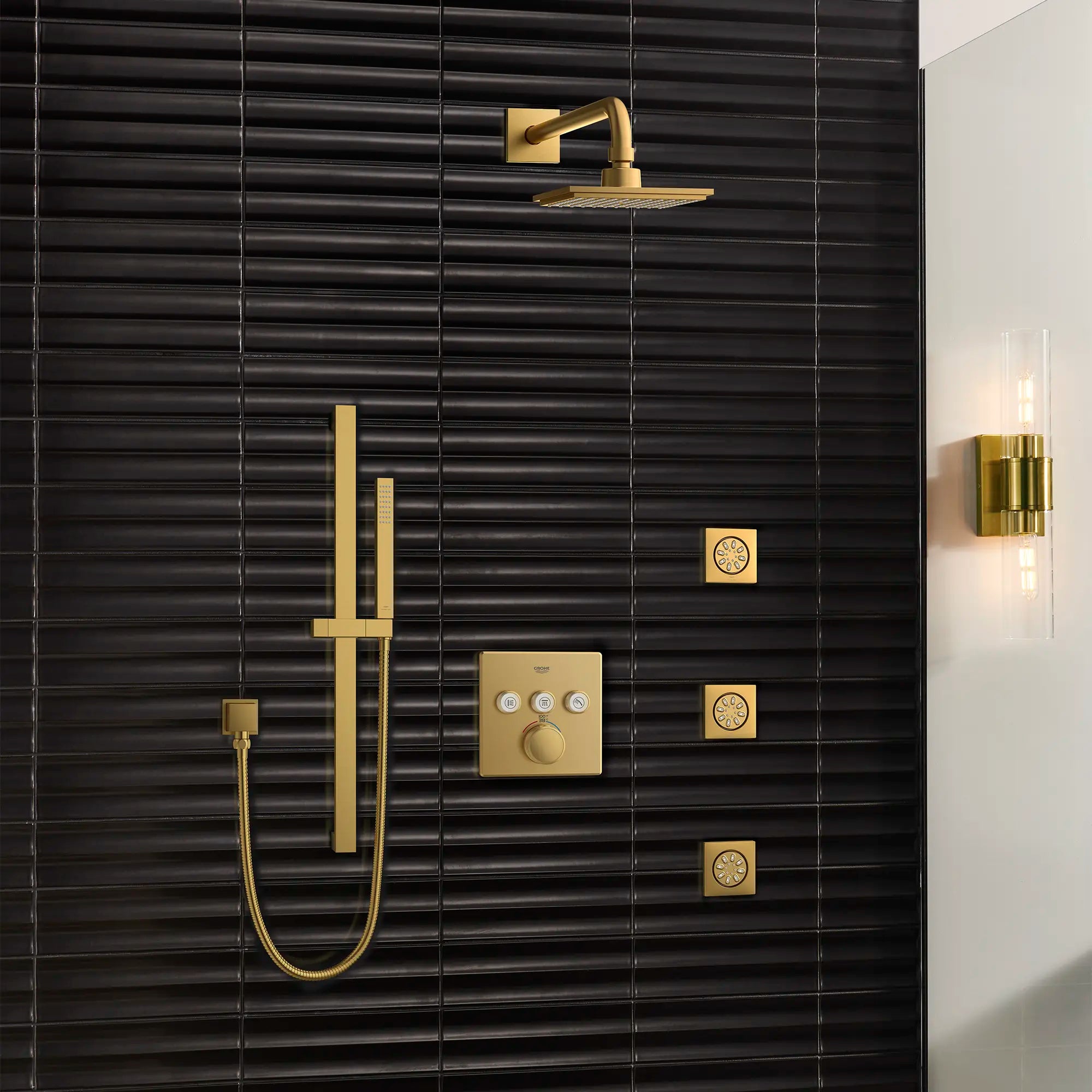 Triple Function Thermostatic Valve Trim // BRUSHED COOL SUNRISE // 186500_EuphoriaCube_EnvironmentCloseUp_26468GN0_26845GN0_27892GN0_29142GN0_0002_Sept2023_0_CDNwebp.webp