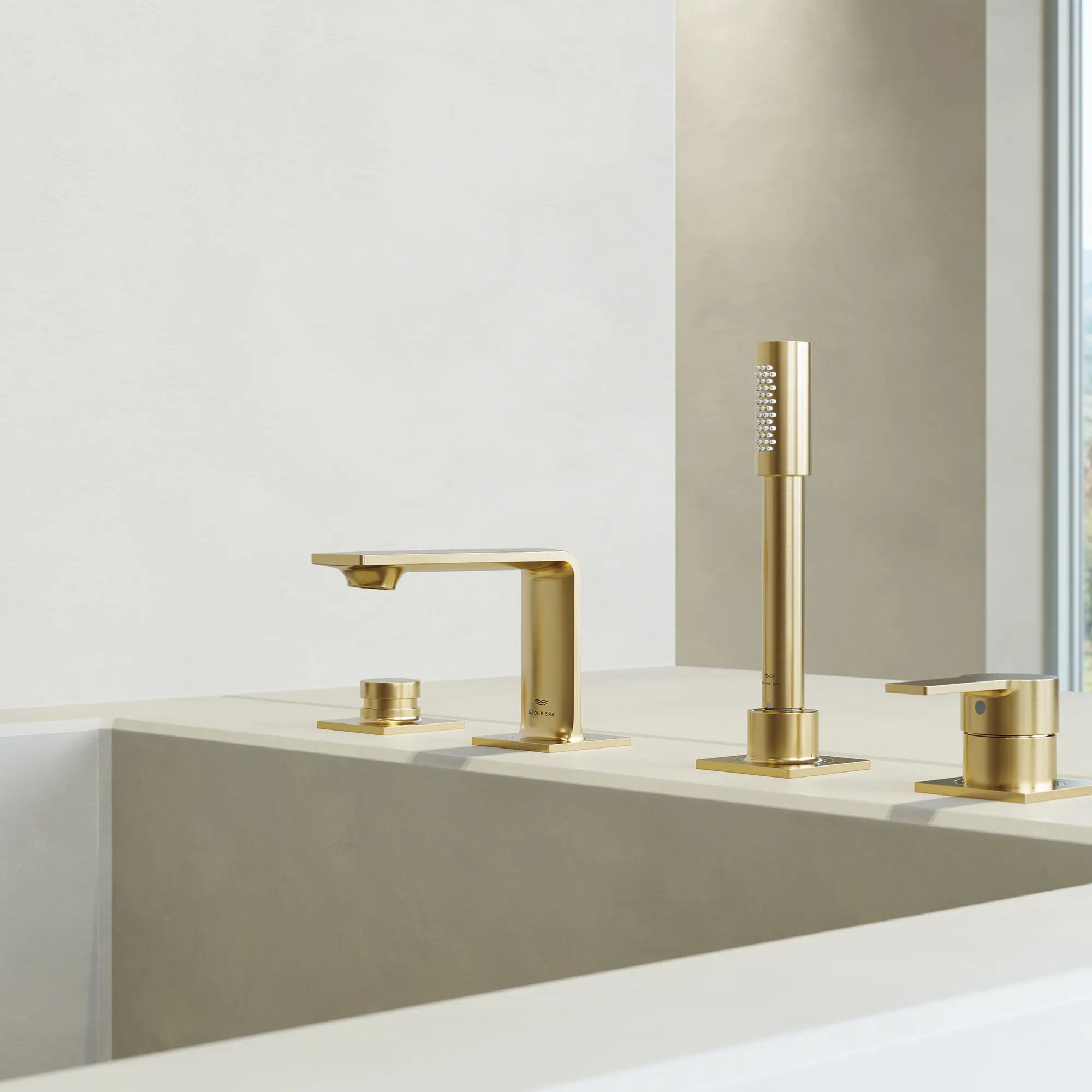 Allure 4-Hole Single-Handle Deck Mount Roman Tub Faucet with 1.75 GPM (6.6 L/min) Hand Shower // BRUSHED COOL SUNRISE // 186595_Allure_EnvironmentCloseUp_19316GN1_0001_Oct2023_0_CDNwebp.webp