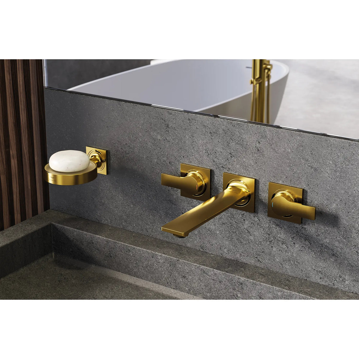 Allure 2-Handle Wall Mount Faucet, 1.2 GPM (4.5 L/min) // BRUSHED COOL SUNRISE // 186614_Allure_EnvironmentCloseUp_20586GN1_0001_Oct2023_0_CDNwebp_f5a8db10-cf3b-4873-ab8c-784942bea2e9.webp