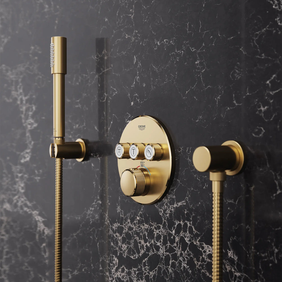 Triple Function Thermostatic Valve Trim // BRUSHED COOL SUNRISE // 186621_Atrio_EnvironmentCloseUp_29138GN0_26866GN0_0001_Oct2023_0_CDNwebp_8a8530c3-015d-48bc-a2c8-ba4cd81214dd.webp