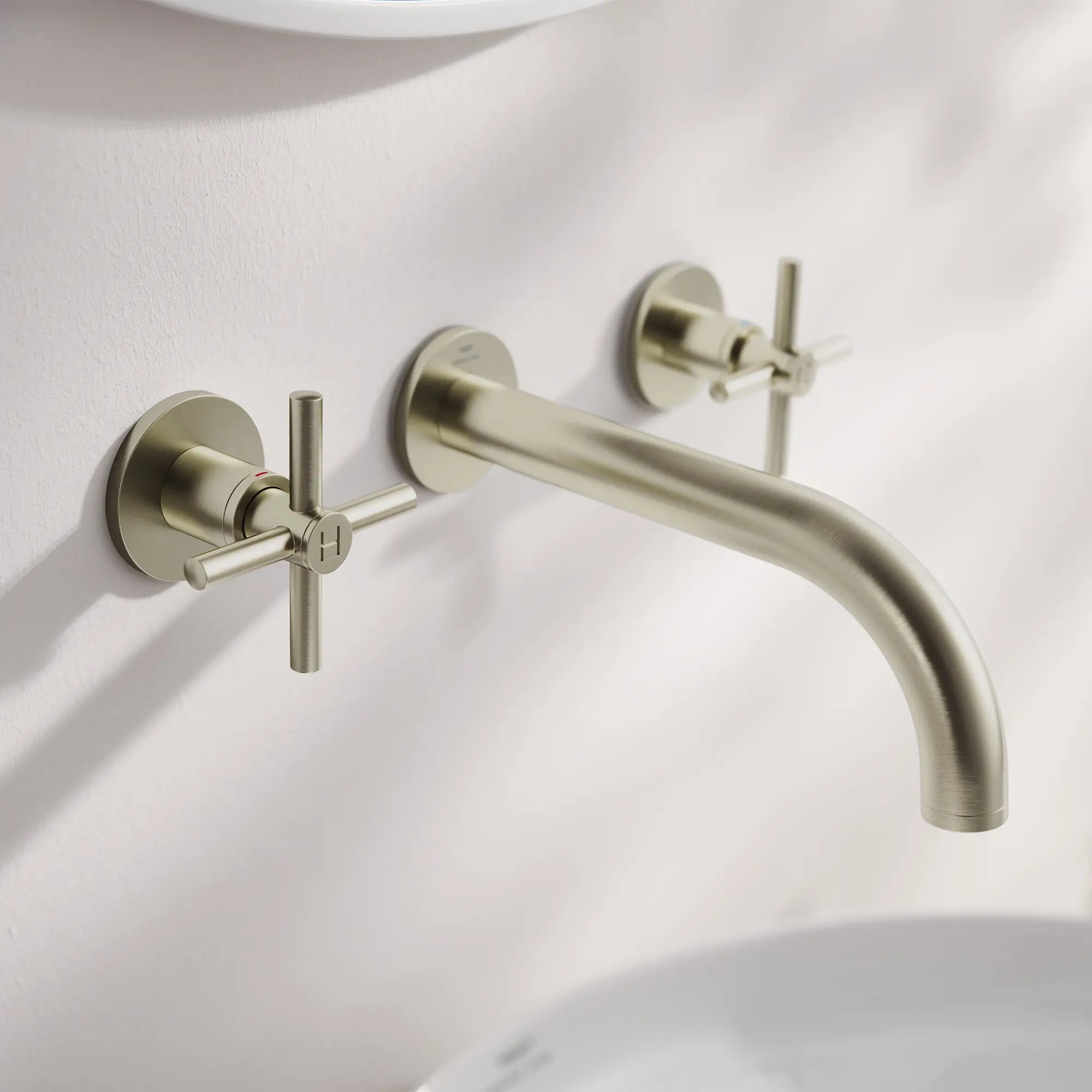 Atrio 2-Handle Wall Mount Faucet without Handles, 1.2 GPM (4.5L.min) // BRUSHED NICKEL INFINITYFINISH // 186626_Atrio_EnvironmentCloseUp_20663EN0_14215EN0_0003_Oct2023_0_CDNwebp.webp