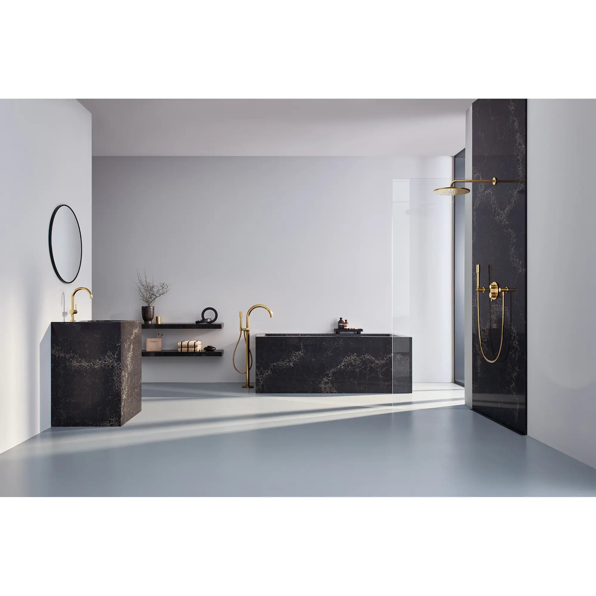 310 Mono Shower Head, 12" - 1 Spray, 1.75 GPM (6.6 L/min) // BRUSHED COOL SUNRISE // 186639_Atrio_EnvironmentFull_24350GN0_32653GN3_0001_Oct2023_0_CDNwebp.webp