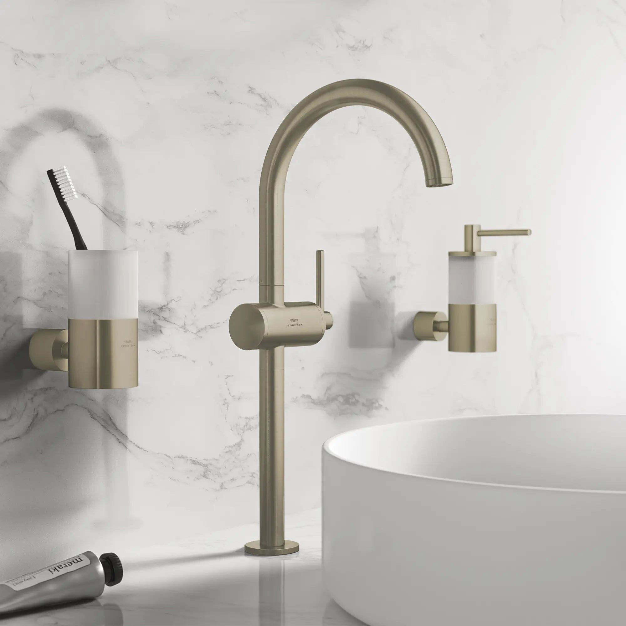 Atrio Single Hole Single-Handle Vessel Sink Faucet without Handles, 1.2 GPM (4.5 L/min) // BRUSHED NICKEL INFINITYFINISH // 233666_Atrio_EnvironmentCloseUp_24352EN0_0001_Nov2023_CDNwebp.webp
