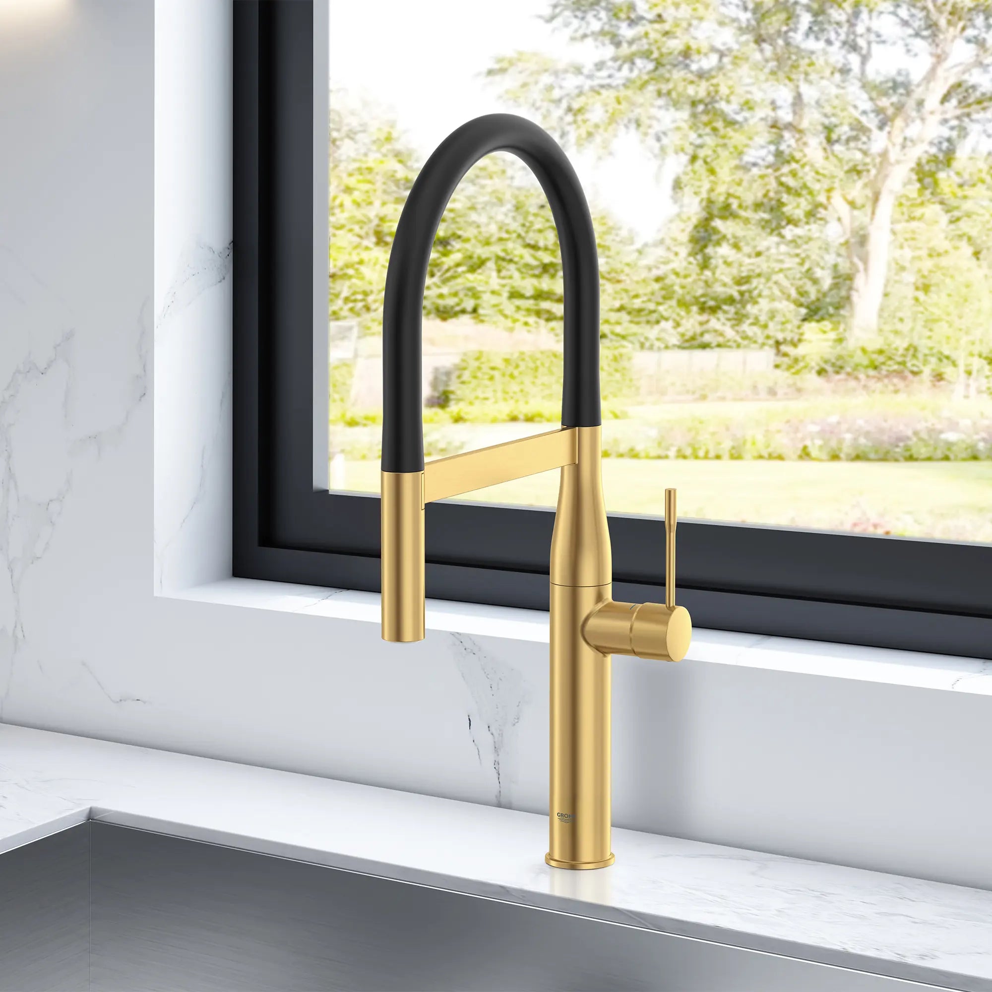 Essence Single-Handle Semi-Pro Dual Spray Kitchen Faucet 1.75 GPM (6.6 L/min) // BRUSHED COOL SUNRISE // 233755_Essence_EnvironmentCloseUp_30295GN0_Nov2023_CDNwebp.webp