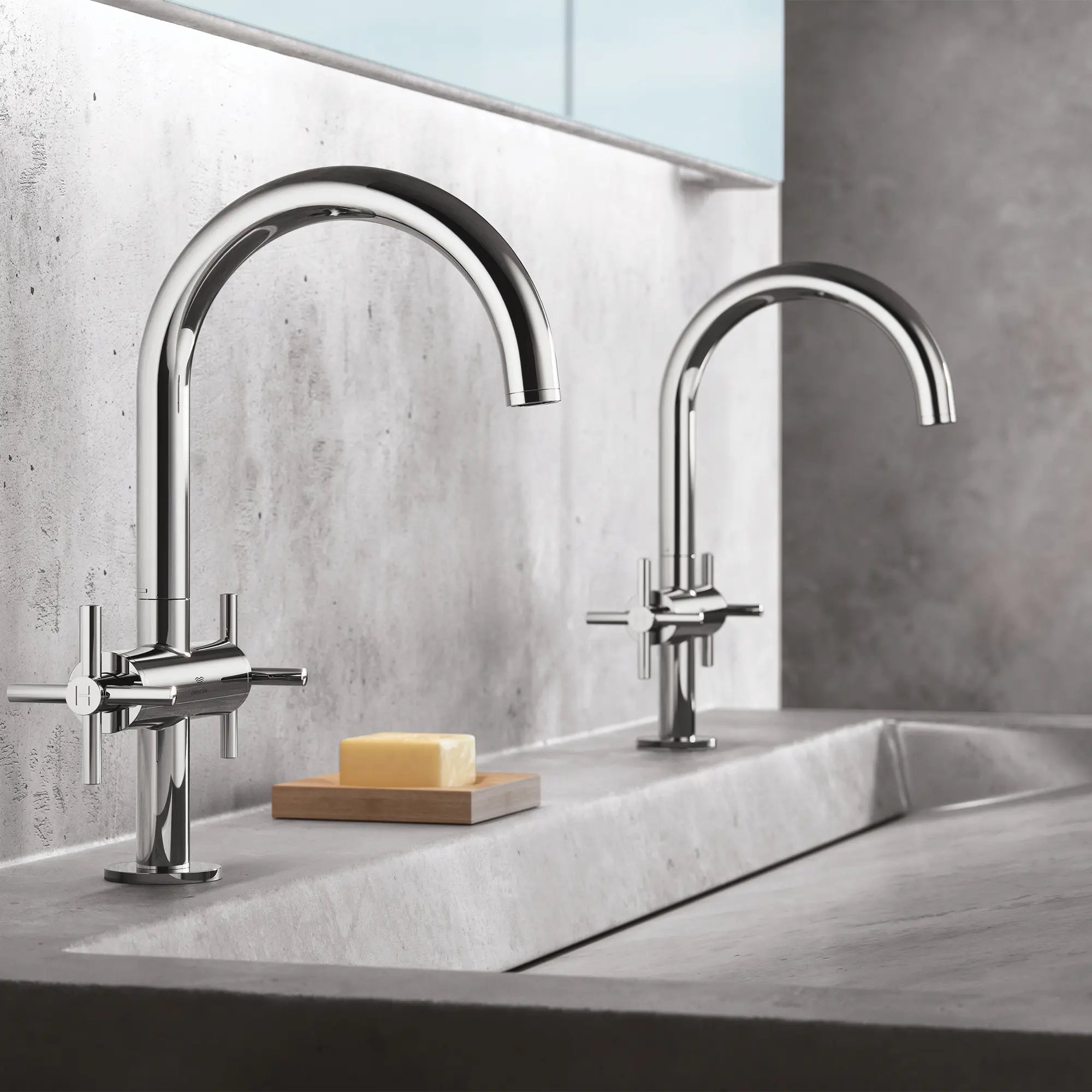 Atrio Single Hole Two-Handle L-Size Bathroom Faucet without Handles, 1.2 GPM (4.5 L/min) // GROHE STARLIGHT CHROME // 233792_Atrio_EnvironmentCloseUp_21146000_0001_Nov2023_0_CDNwebp.webp