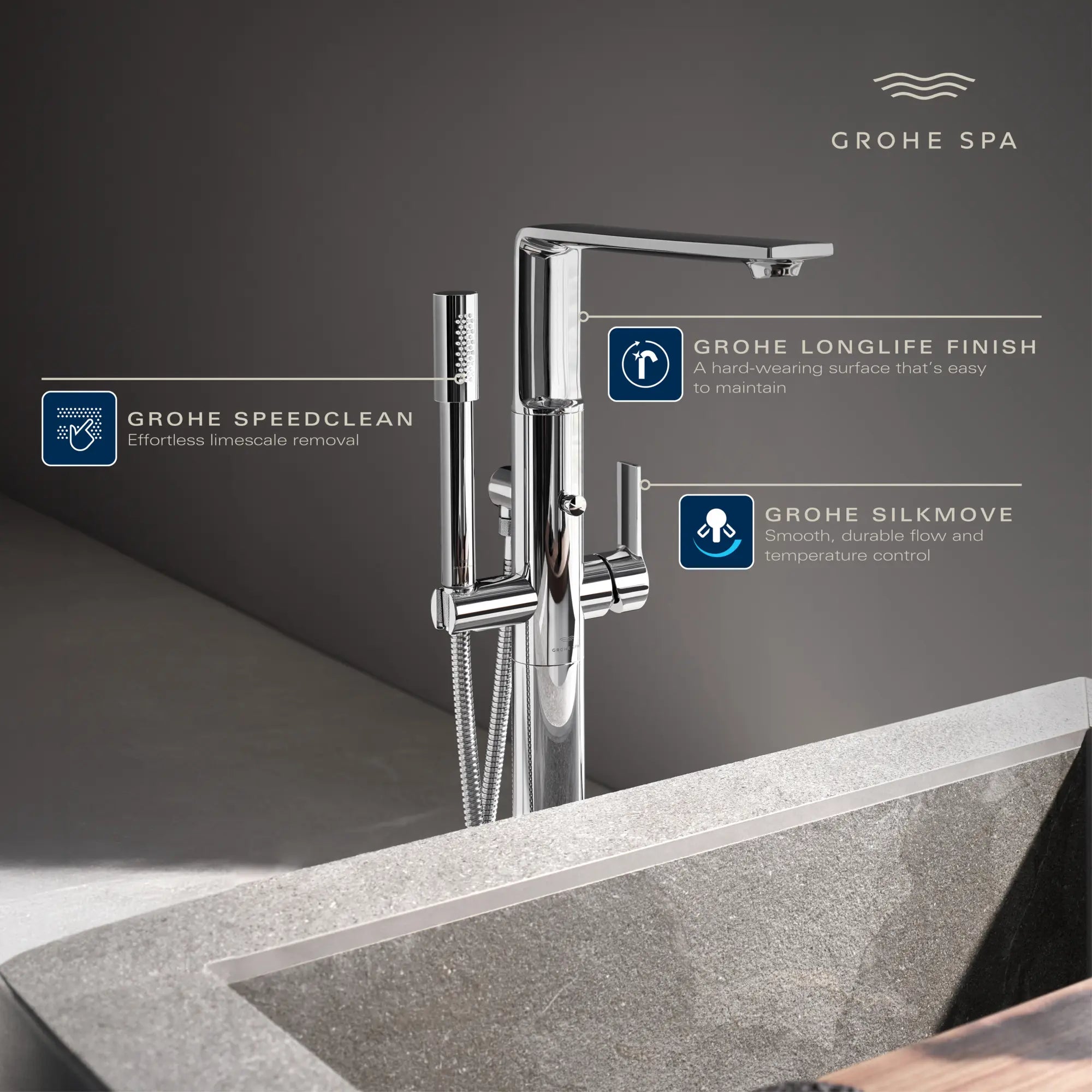 Allure Single-Handle Freestanding Tub Faucet with 1.75 GPM (6.6 L/min) Hand Shower // GROHE STARLIGHT CHROME // 234125_Allure_Infographic_25222_0001_APR2026_1_CDNwebp.webp
