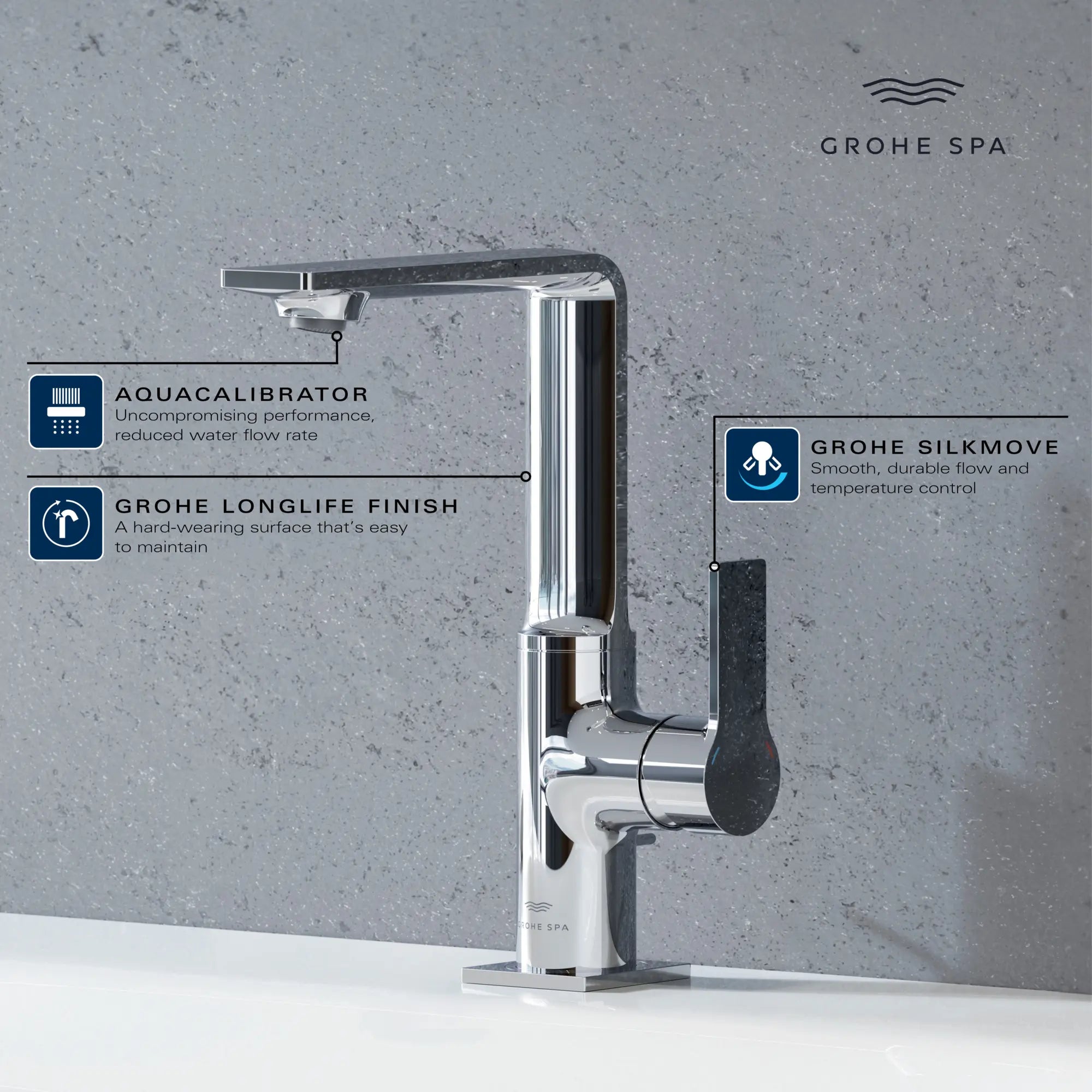 Allure Single-Hole Single-Handle L-Size Bathroom Faucet, 1.2 GPM (4.5 L/min) // GROHE STARLIGHT CHROME // 234128_Allure_Infographic_23858_0001_APR2026_1_CDNwebp.webp