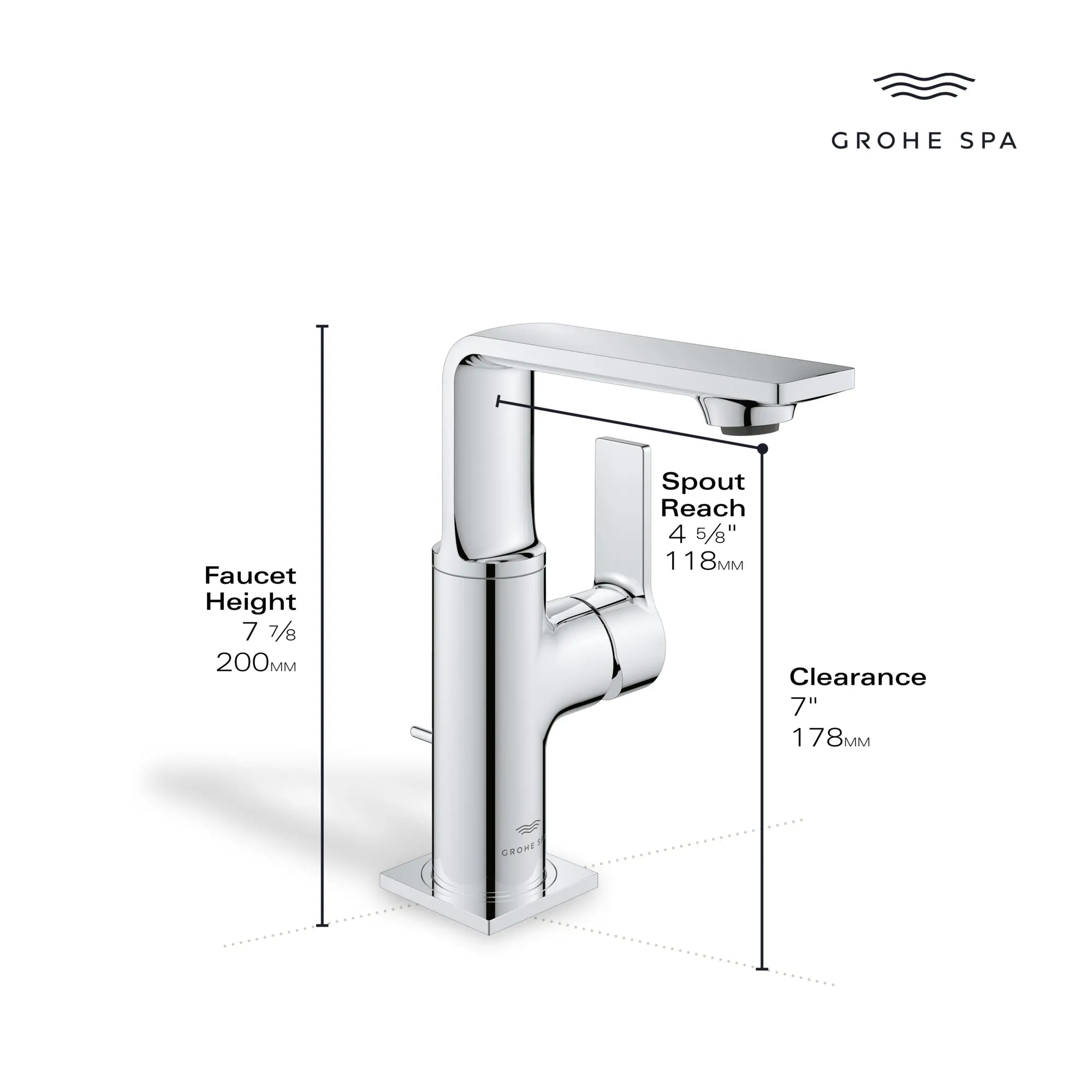 Allure Single-Hole Single-Handle M-Size Bathroom Faucet, 1.2 GPM (4.5 L/min) // GROHE STARLIGHT CHROME // 234129_Allure_Infographic_23857_0002_DEC2023_CDNwebp.webp