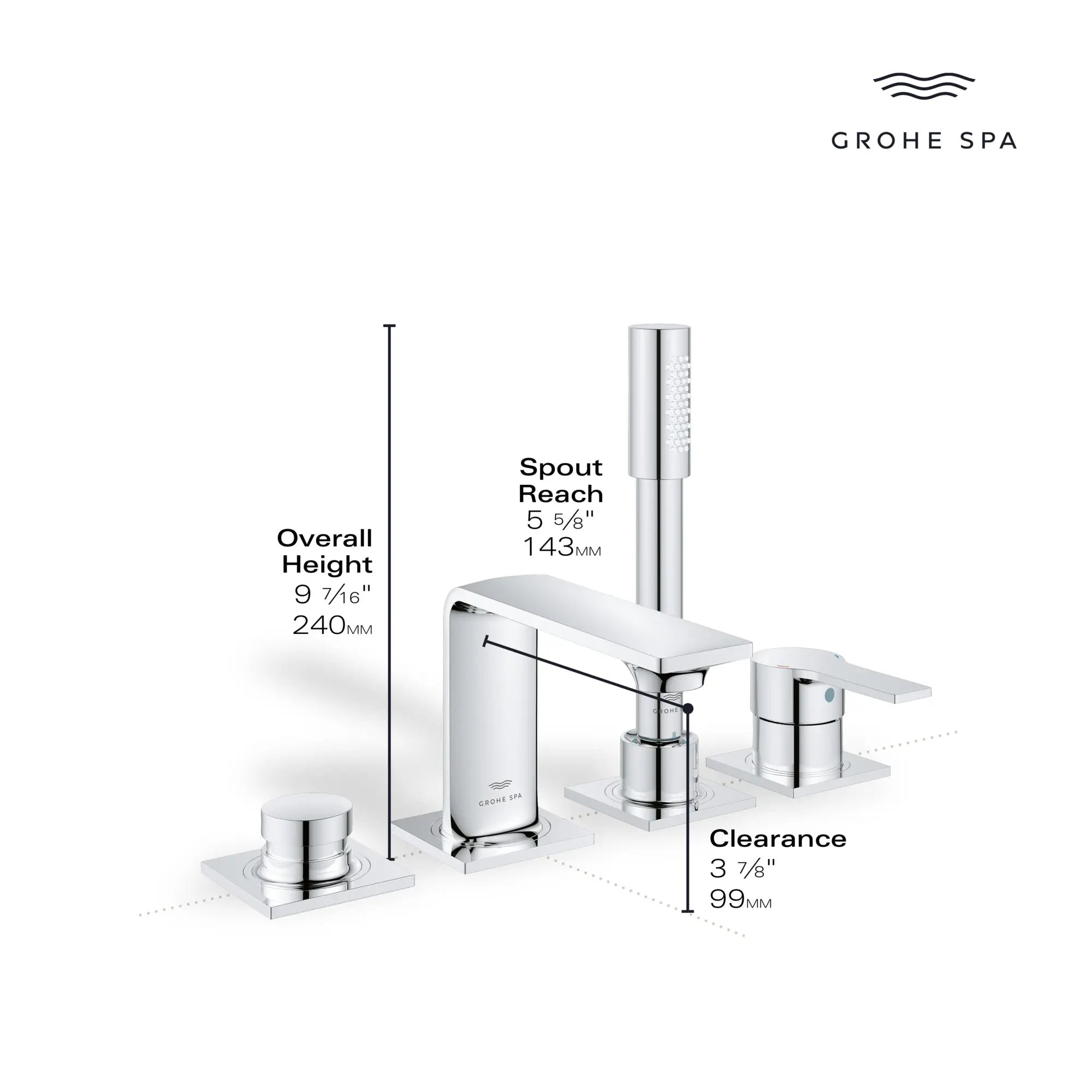 Allure 4-Hole Single-Handle Deck Mount Roman Tub Faucet with 1.75 GPM (6.6 L/min) Hand Shower // GROHE STARLIGHT CHROME // 234135_Allure_Infographic_19316_0002_DEC2023_1_CDNwebp.webp