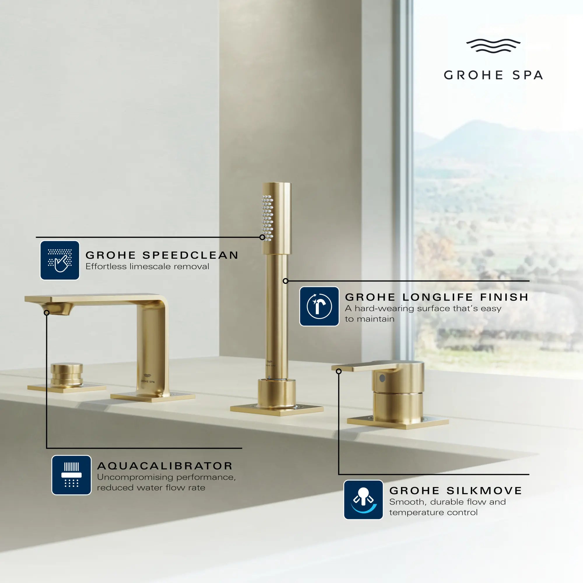 Allure 4-Hole Single-Handle Deck Mount Roman Tub Faucet with 1.75 GPM (6.6 L/min) Hand Shower // GROHE STARLIGHT CHROME // 234136_Allure_Infographic_19316_0001_APR2026_2_CDNwebp.webp