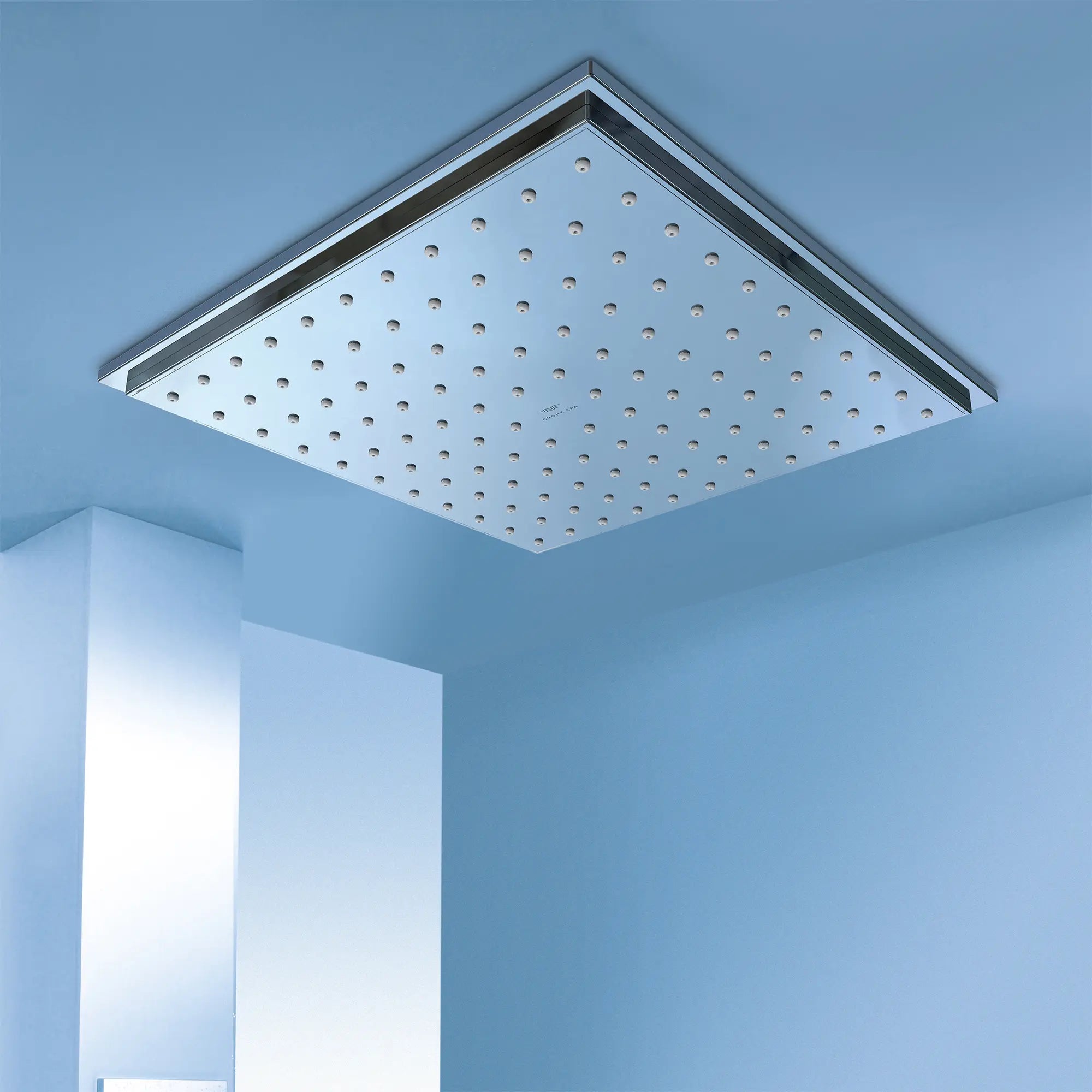 Rainshower Allure 230 Ceiling Shower Head, 9" - 1 Spray, 1.75 GPM (6.6 L/min) // GROHE STARLIGHT CHROME // 235433_RainshowerAqua_EnvironmentCloseUp_26869000_0001_Dec2023_CDNwebp.webp