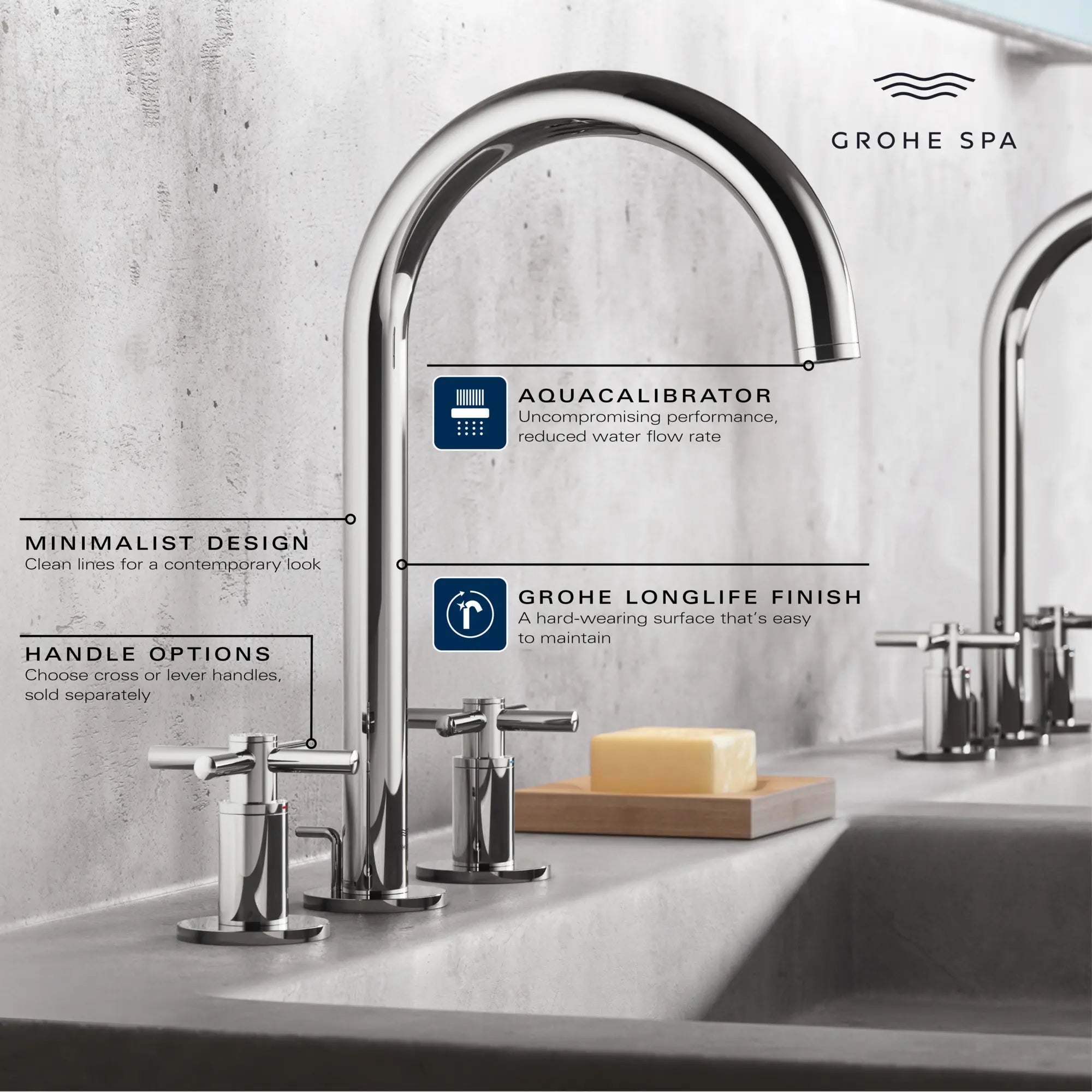 Atrio 8-inch Widespread 2-Handle M-Size Bathroom Faucet without Handles, 1.2 GPM (4.5 L/min) // GROHE STARLIGHT CHROME // 235657_Atrio_Infographic_20659_0001_APR2026_1_CDNwebp.webp