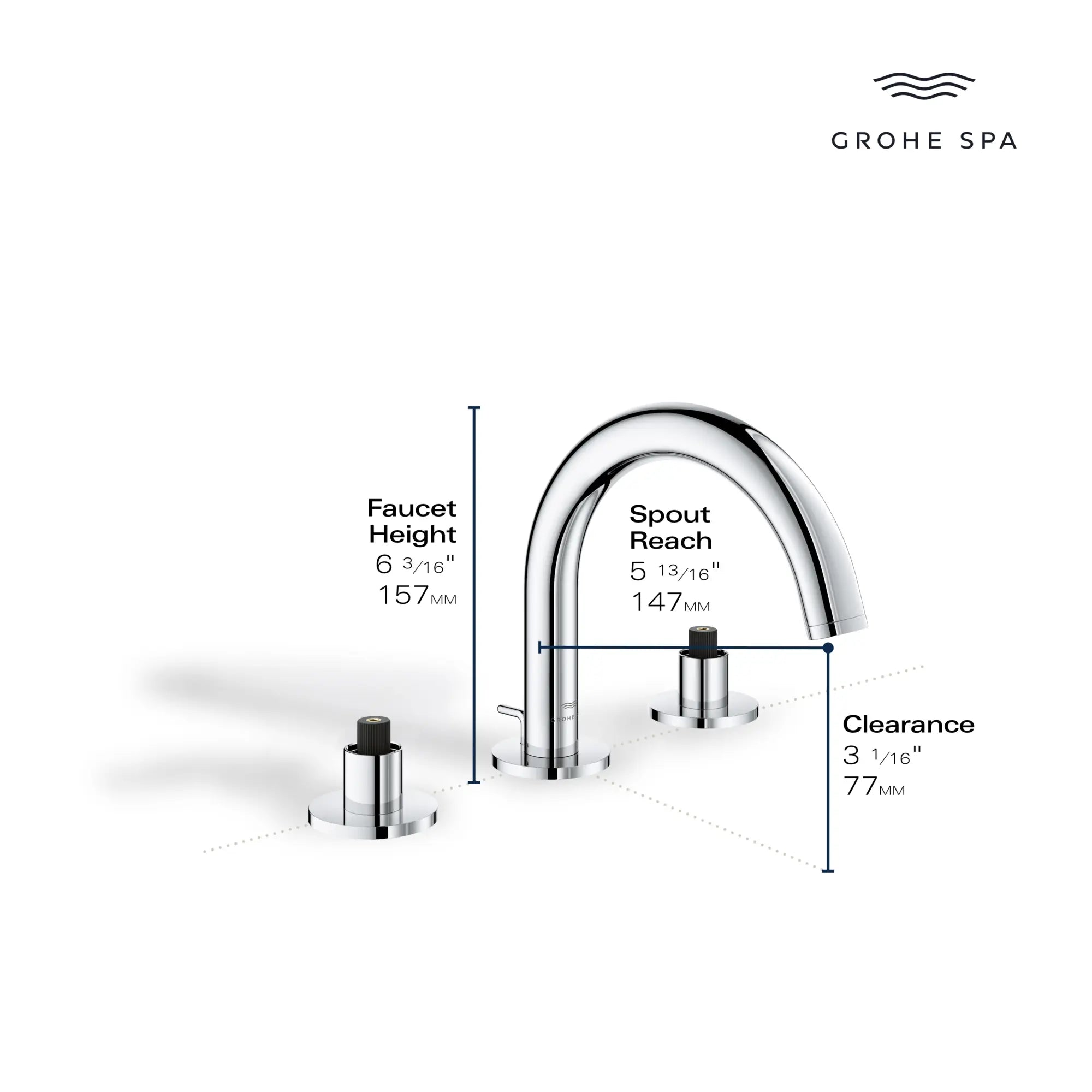 Atrio 8-inch Widespread 2-Handle S-Size Bathroom Faucet without Handles, 1.2 GPM (4.5 L/min) // GROHE STARLIGHT CHROME // 235658_Atrio_Infographic_20660_0001_APR2026_2_CDNwebp.webp