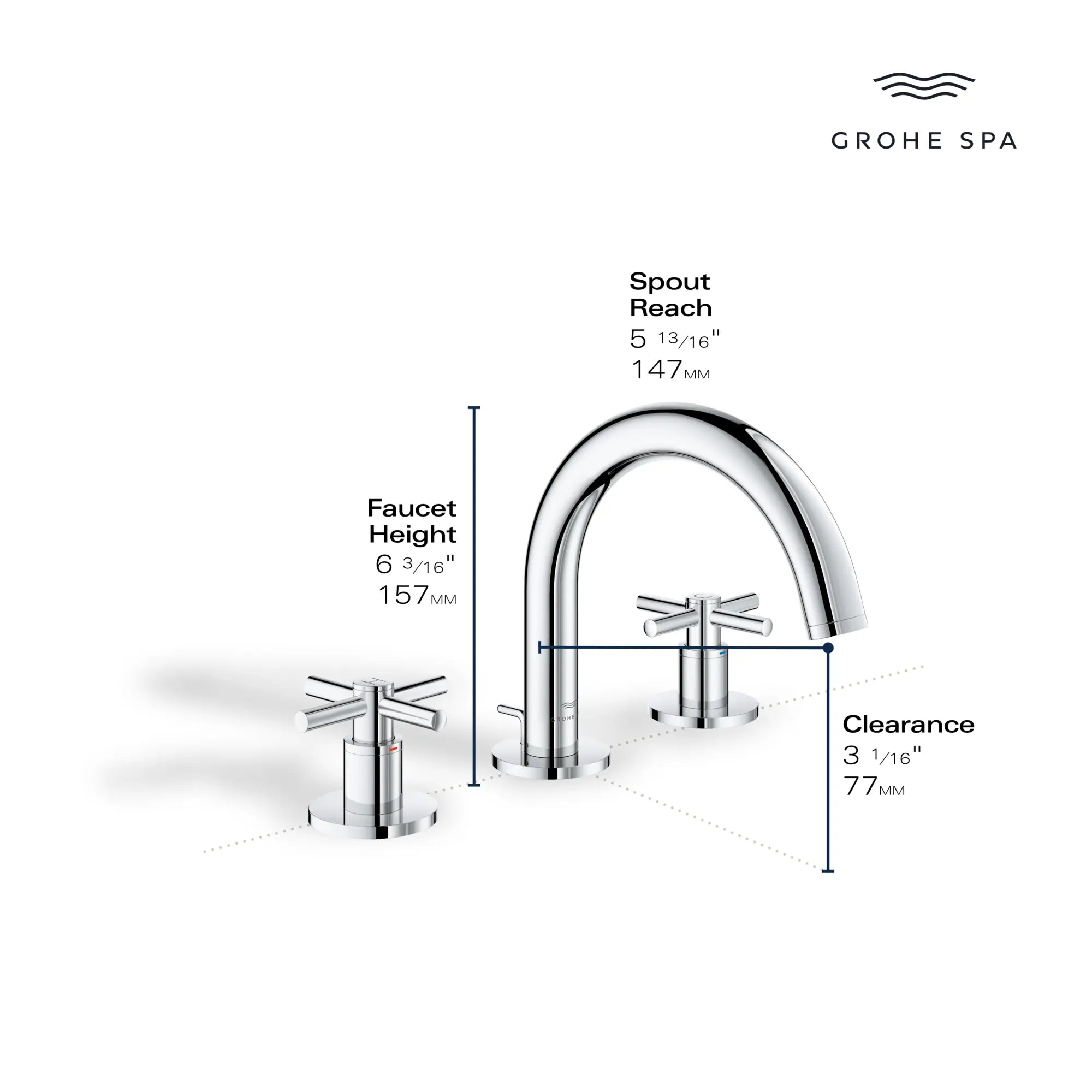 Atrio 8-inch Widespread 2-Handle S-Size Bathroom Faucet without Handles, 1.2 GPM (4.5 L/min) // GROHE STARLIGHT CHROME // 235658_Atrio_Infographic_20660_0002_JAN2024_0_CDNwebp.webp