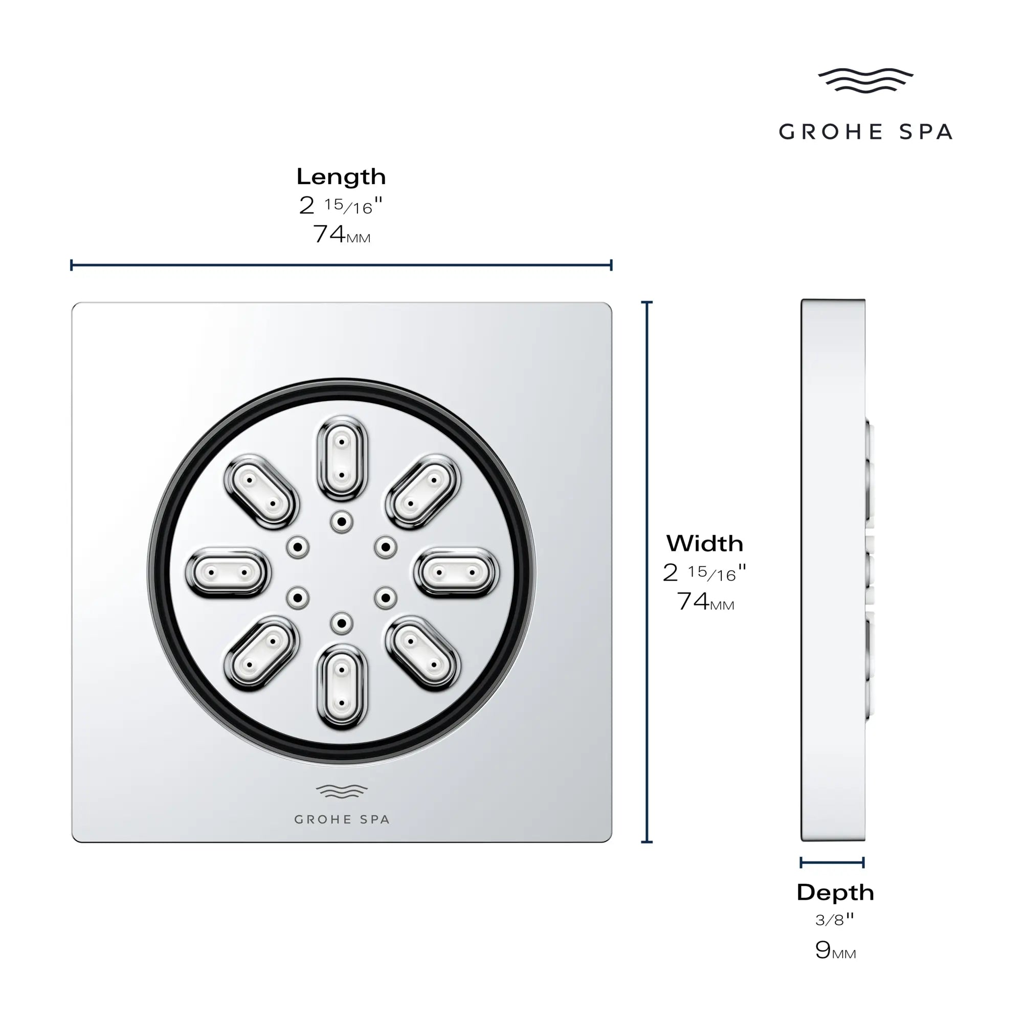 Rainshower Body Spray, Square - 2 Sprays, 0.9 GPM (3.4 L/min) // GROHE STARLIGHT CHROME // 235684_RainshowerAqua_Infographic_26845_0003_JAN2024_CDNwebp.webp