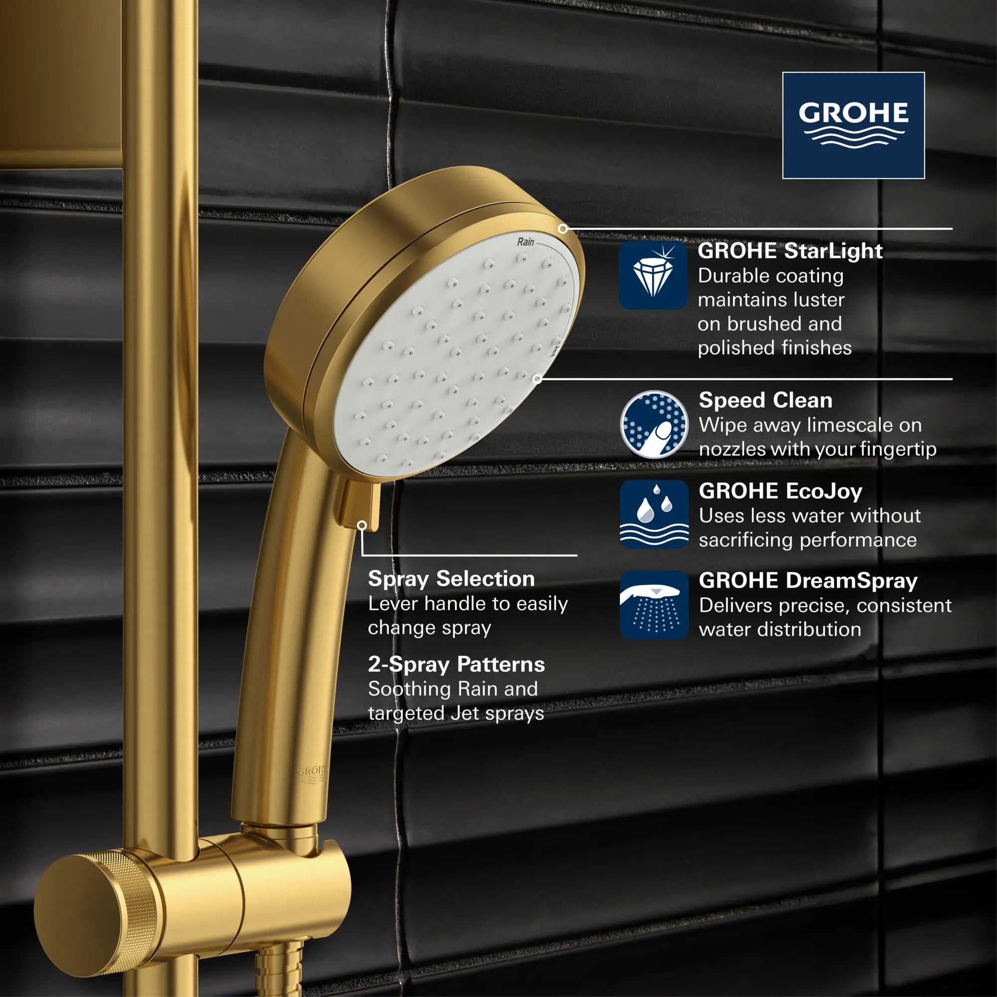 100 Hand Shower - 2 Sprays, 1.75 GPM (6.6 L/min) // GROHE STARLIGHT CHROME // 235692_Tempesta_Infographic_26046_0001_JAN2024_CDNwebp.webp