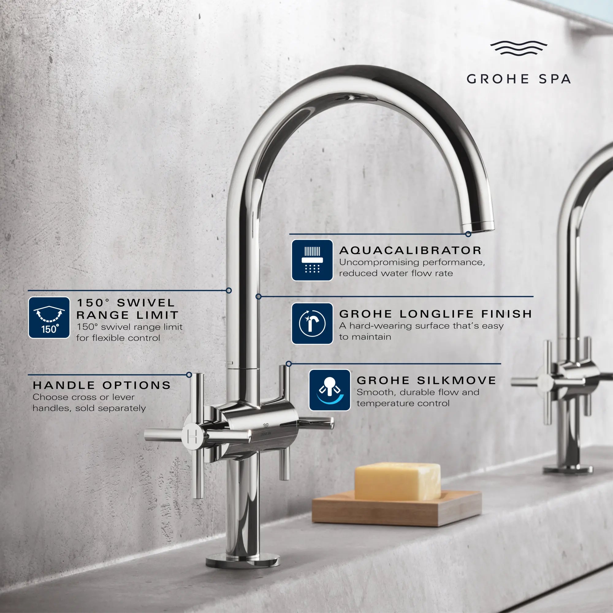 Atrio Single Hole Two-Handle L-Size Bathroom Faucet without Handles, 1.2 GPM (4.5 L/min) // GROHE STARLIGHT CHROME // 236656_Atrio_Infographic_21146_0001_MAY2026_1_CDNwebp.webp
