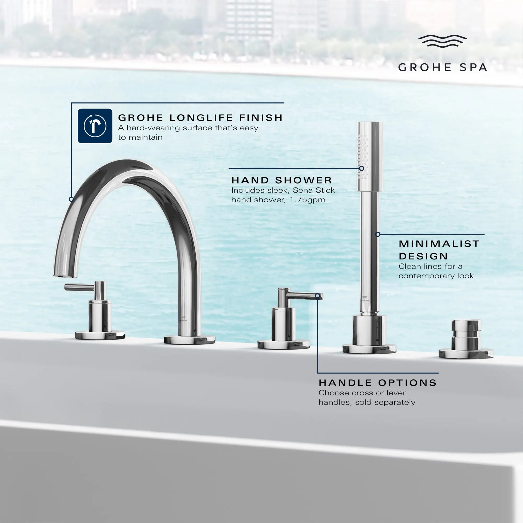 Atrio 5-Hole 2-Handle Deck Mount Roman Tub Faucet without Handles with 1.75 GPM Hand Shower // GROHE STARLIGHT CHROME // 236661_Atrio_Infographic_25274_0001_MAY2026_1_CDNwebp.webp