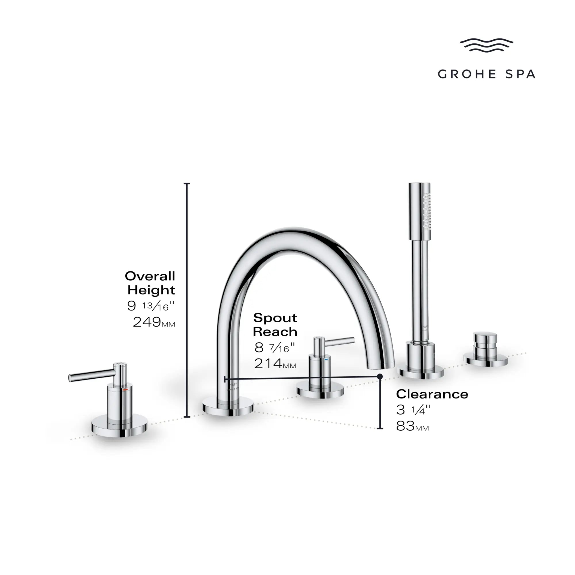 Atrio 5-Hole 2-Handle Deck Mount Roman Tub Faucet without Handles with 1.75 GPM Hand Shower // GROHE STARLIGHT CHROME // 236662_Atrio_Infographic_25274_0002_MAY2026_1_CDNwebp.webp
