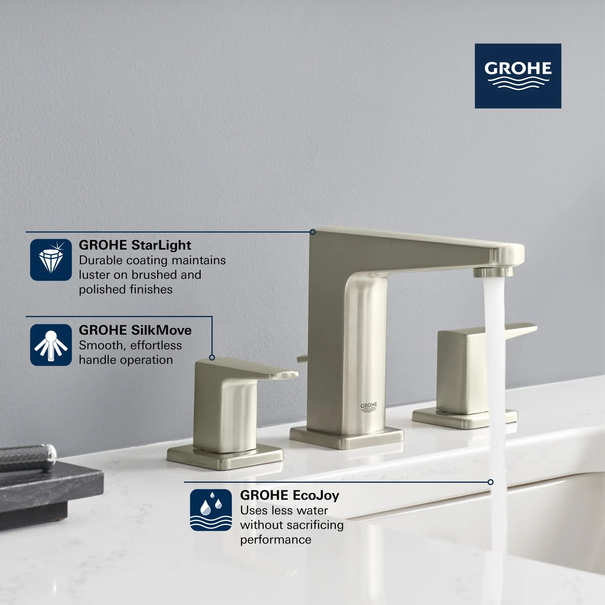Tallinn 8" widespread two-handle bathroom faucet, 1.2 GPM (4.5 L/min) // GROHE STARLIGHT CHROME // 236705_Tallinn_Infographic_20583_0001_JAN2024_CDNwebp.webp