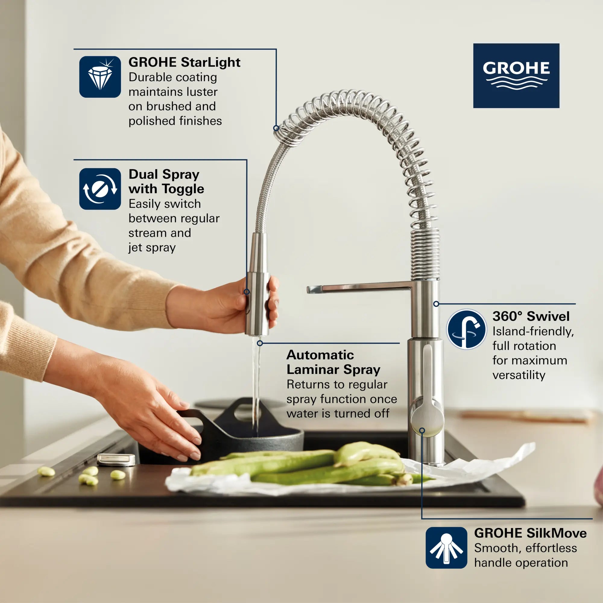 Eurosmart Single-Handle Semi-Pro Dual Spray Kitchen Faucet 1.75 gpm (6.6 L/min) // SUPERSTEEL INFINITYFINISH // 236722_Eurosmart_Infographic_30616_0001_JAN2024_CDNwebp.webp