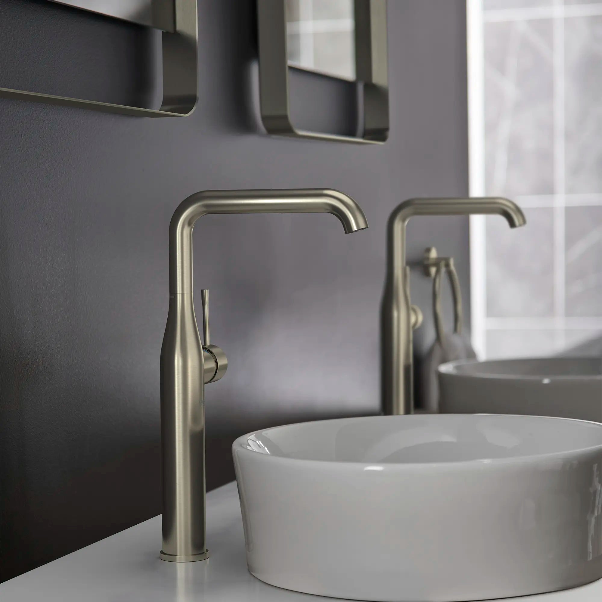 Single Hole Single-Handle Deck Mount Vessel Sink Faucet, 1.2 GPM (4.5 L/min) // BRUSHED NICKEL INFINITYFINISH // 236985_Essence_EnvironmentCloseup_23538ENA_0001_Dec2023_CDNwebp.webp