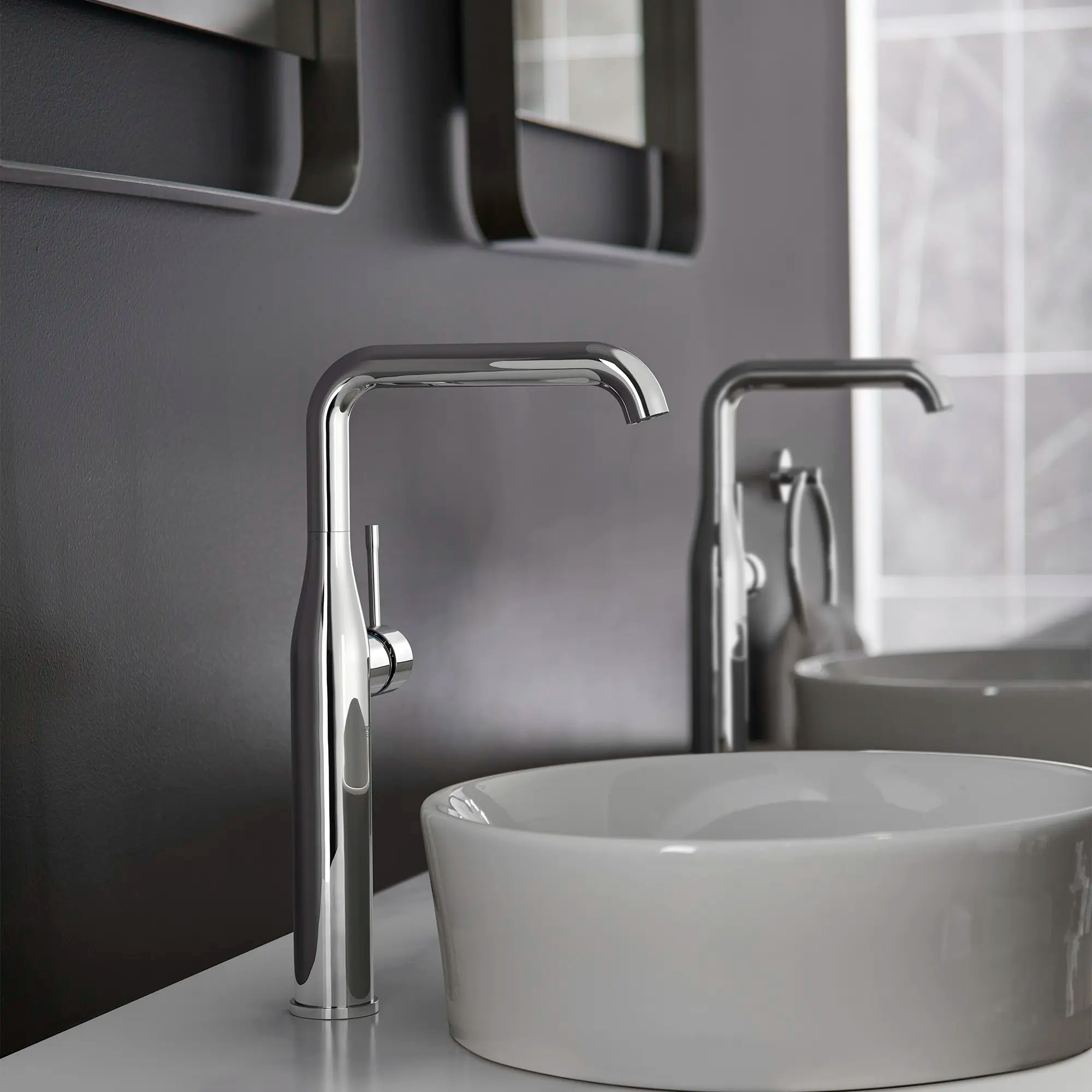 Single Hole Single-Handle Deck Mount Vessel Sink Faucet, 1.2 GPM (4.5 L/min) // GROHE STARLIGHT CHROME // 236987_Essence_EnvironmentCloseup_2353800A_0001_Dec2023_CDNwebp.webp