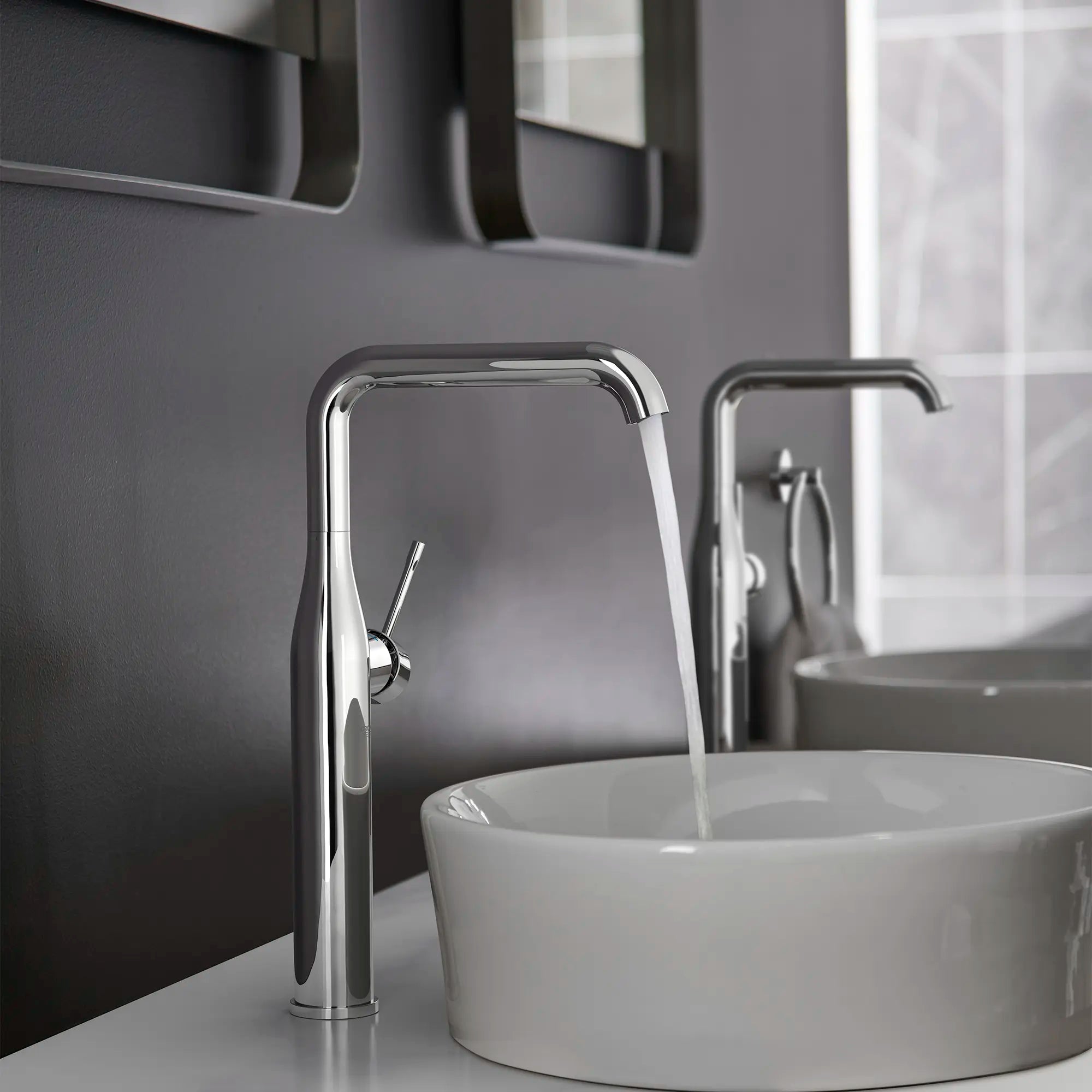 Single Hole Single-Handle Deck Mount Vessel Sink Faucet, 1.2 GPM (4.5 L/min) // GROHE STARLIGHT CHROME // 236988_Essence_EnvironmentCloseup_2353800A_0002_Dec2023_CDNwebp.webp