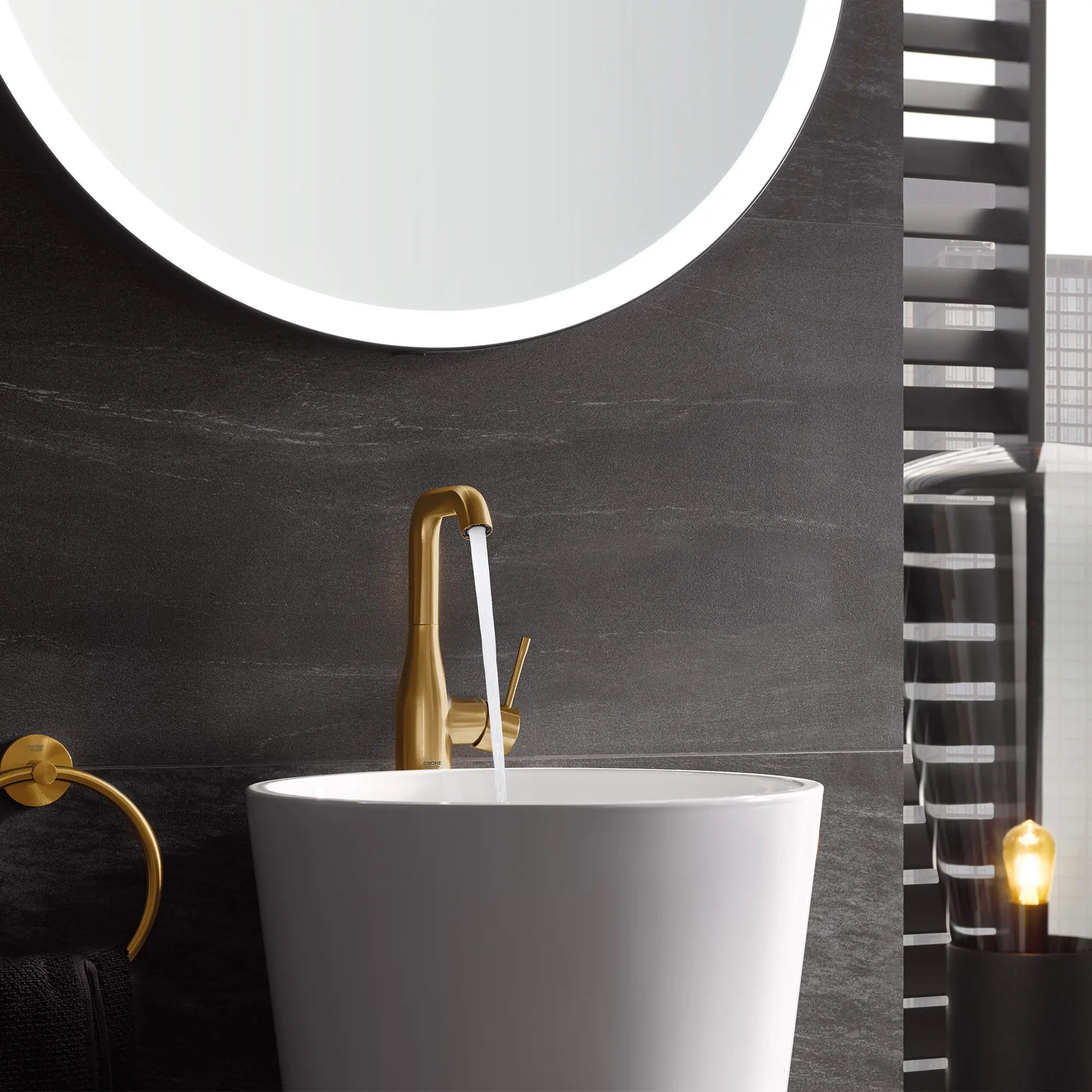 Single Hole Single-Handle L-Size Bathroom Faucet, 1.2 GPM (4.5 L/min) // BRUSHED COOL SUNRISE // 237023_Essence_EnvironmentCloseup_23486GNA_0001_Nov2023_CDNwebp.webp