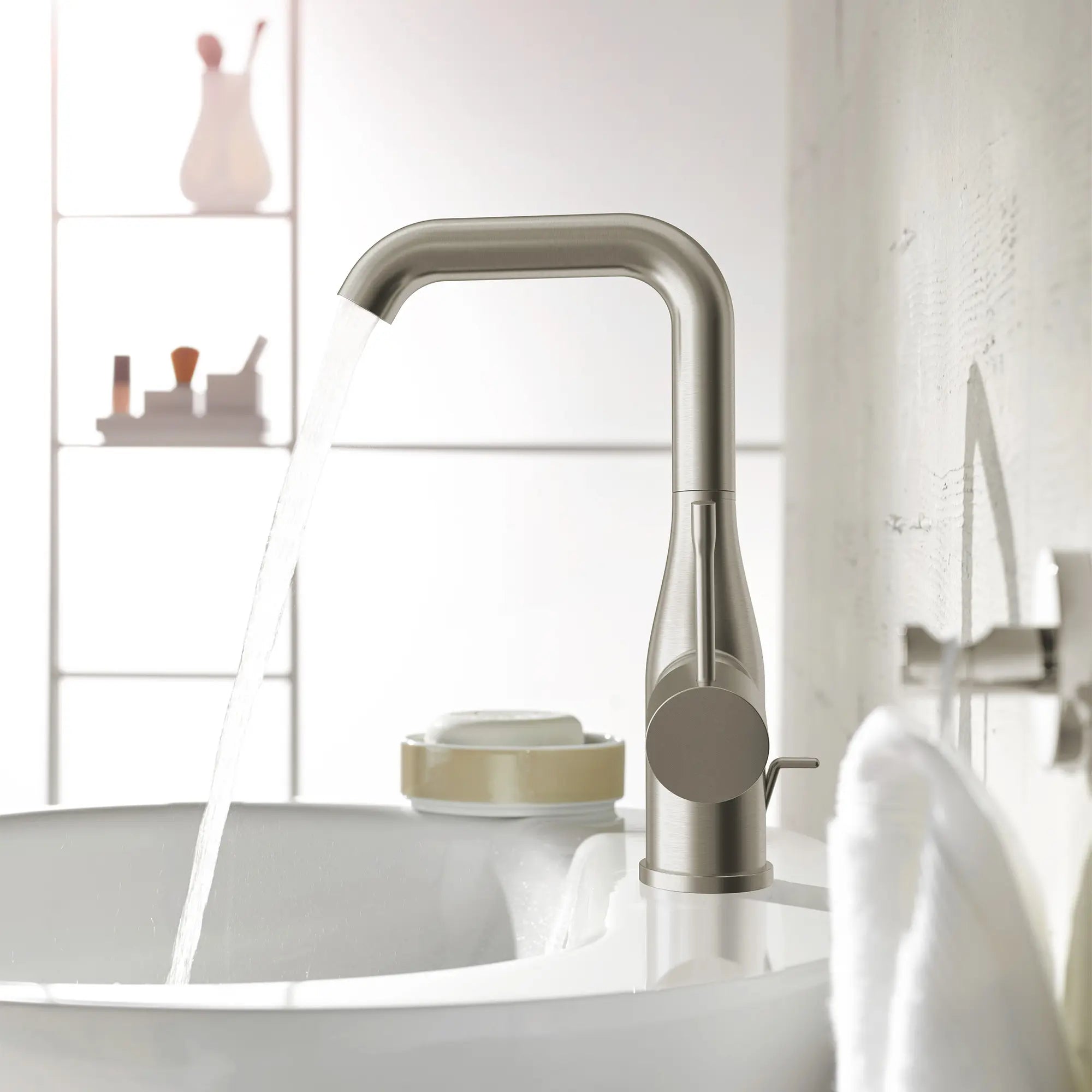 Single Hole Single-Handle L-Size Bathroom Faucet, 1.2 GPM (4.5 L/min) // BRUSHED NICKEL INFINITYFINISH // 237024_Essence_EnvironmentCloseup_23486ENA_0002_Nov2023_CDNwebp.webp