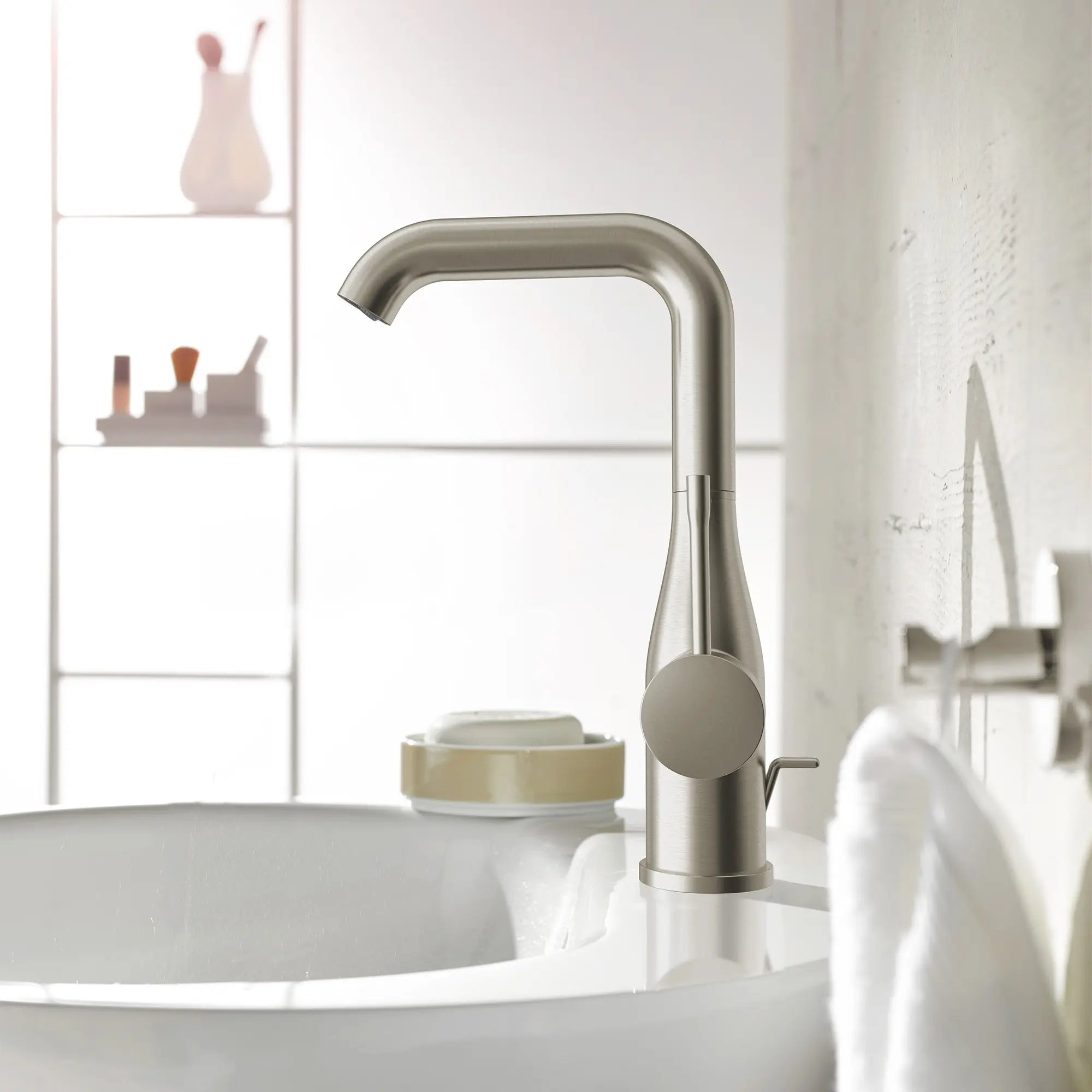 Single Hole Single-Handle L-Size Bathroom Faucet, 1.2 GPM (4.5 L/min) // BRUSHED NICKEL INFINITYFINISH // 237025_Essence_EnvironmentCloseup_23486ENA_0004_Nov2023_CDNwebp.webp
